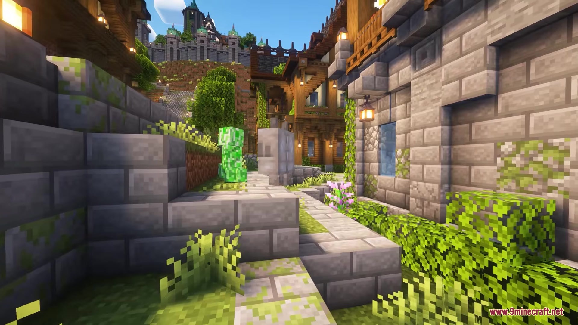 Stoneveil Mod Screenshot 5 A creeper walks past a small stone Grumblo on a village path