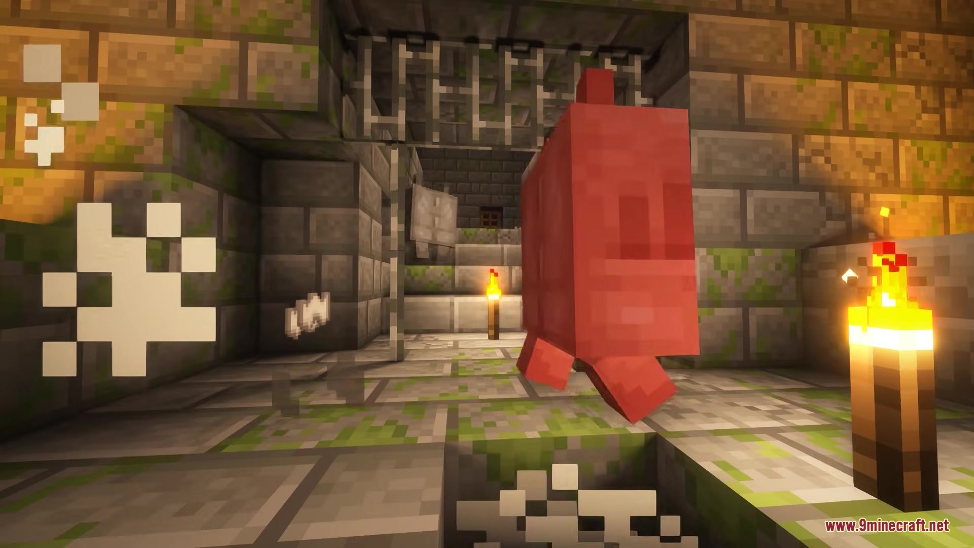 Stoneveil Mod Screenshot 7 A red Grumblo creature jumping in a mossy stone brick dungeon with torches