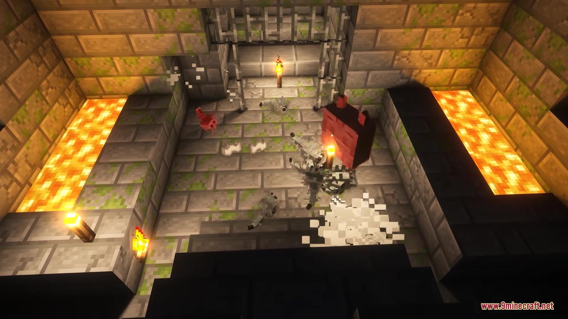 Stoneveil Mod Screenshot 8 Red Grumblo mob hunting silverfish in a stone brick room with lava pools