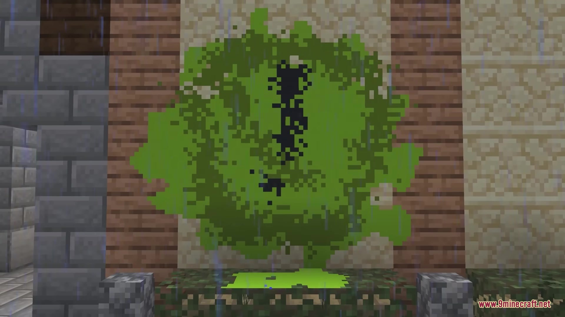 Street Art Mod Screenshot 1 Green paint splash with a black exclamation mark on a stone brick wall