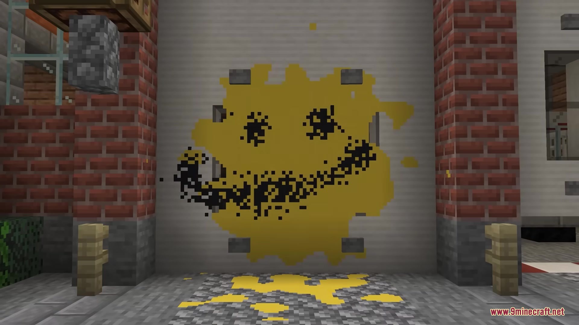 Street Art Mod Screenshot 2 Yellow paint splash with a black smiley face on a white garage door