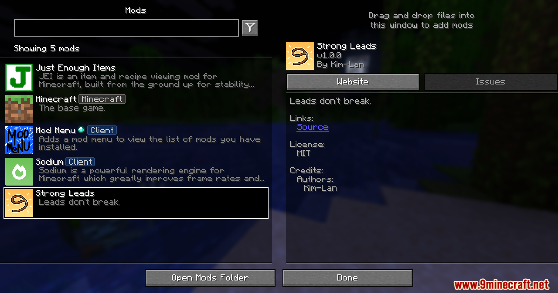 Strong Leads Mod Screenshot 1 Minecraft mod menu interface showing the Strong Leads mod and installed list