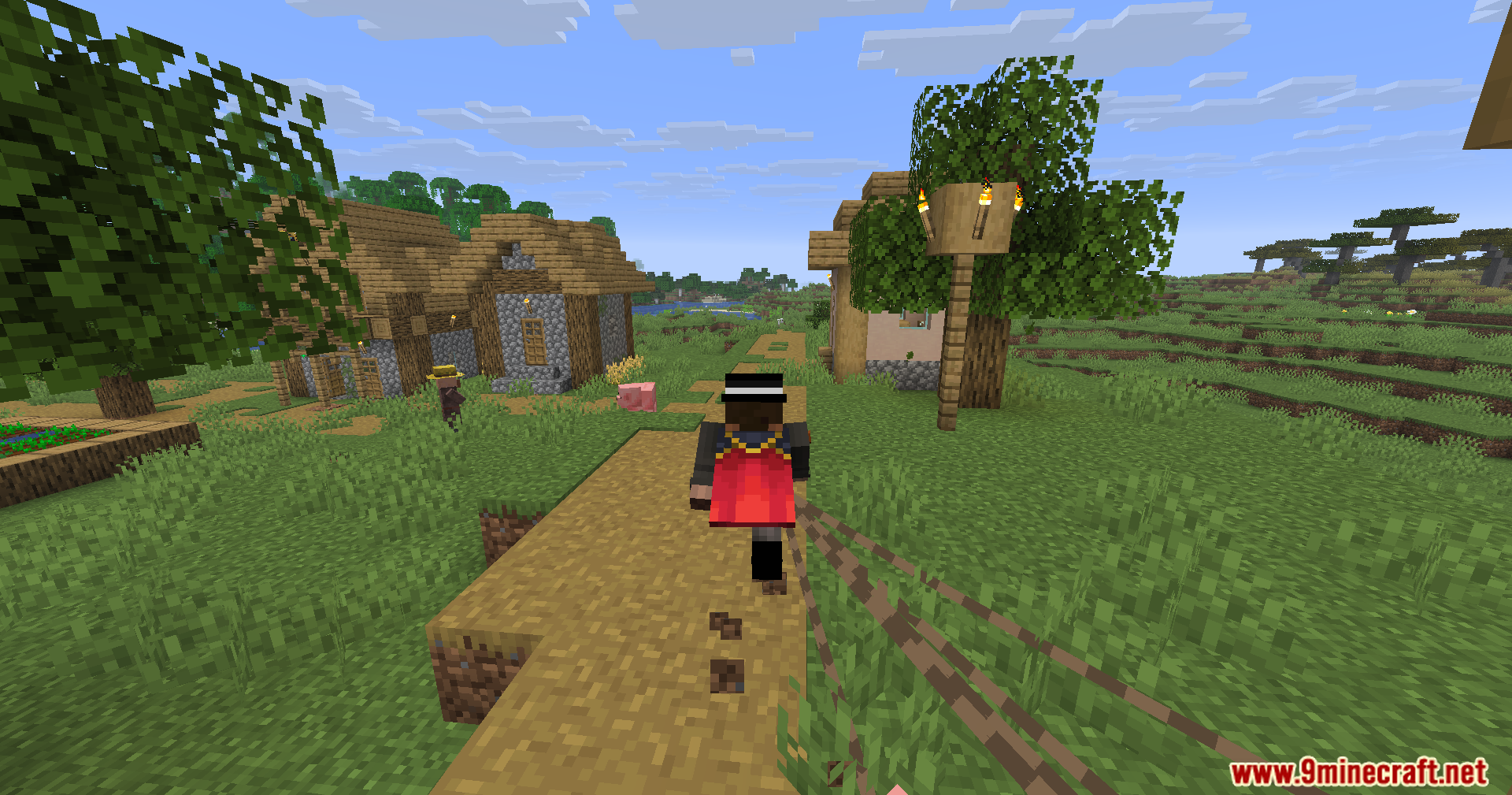 Strong Leads Mod Screenshot 3 Player character walking on a path while pulling a pig with a lead