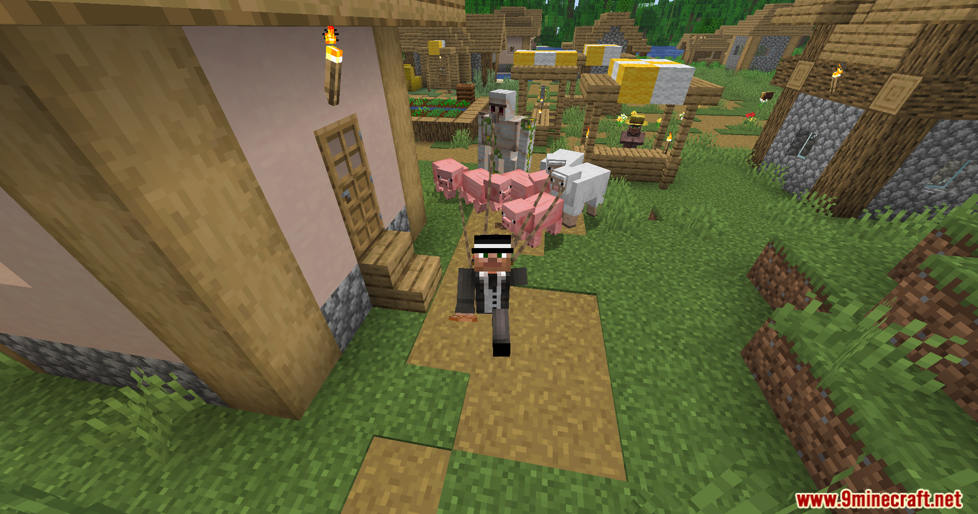 Strong Leads Mod Screenshot 4 A player leads a group of pigs and an iron golem through a village