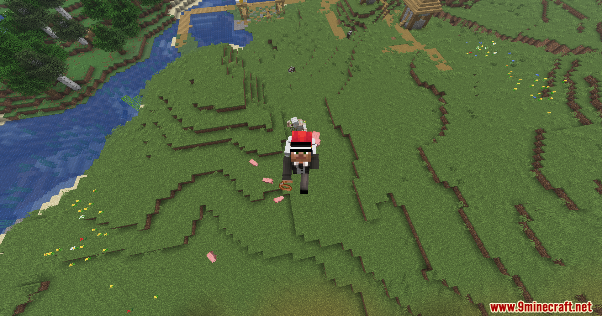 Strong Leads Mod Screenshot 6 Player flying in the sky while pulling leashed animals through the air