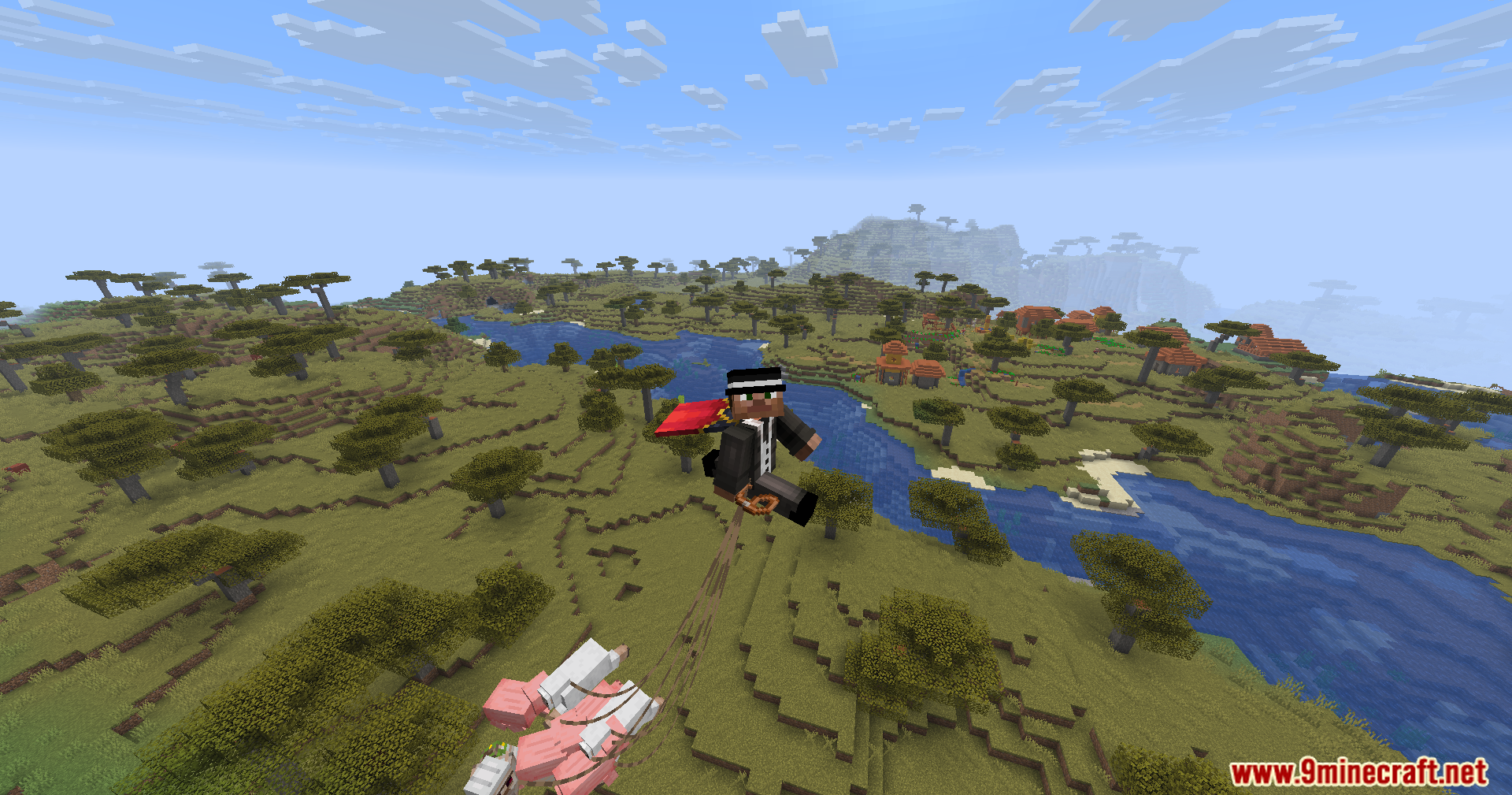Strong Leads Mod Screenshot 7 Player flying with Elytra while pulling several animals on unbreakable leads