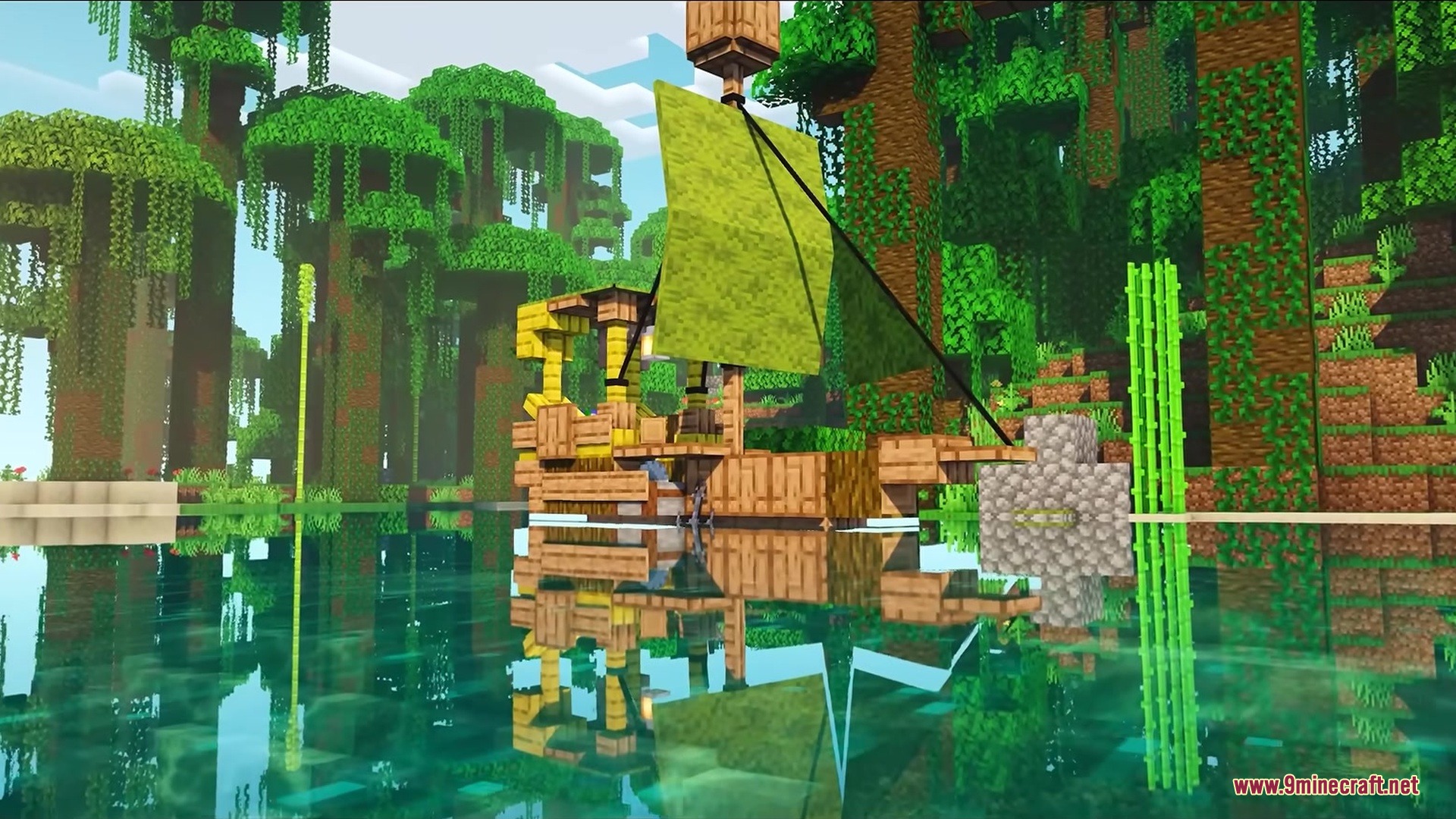 A small wooden boat with a green sail floats on a colorful jungle lake