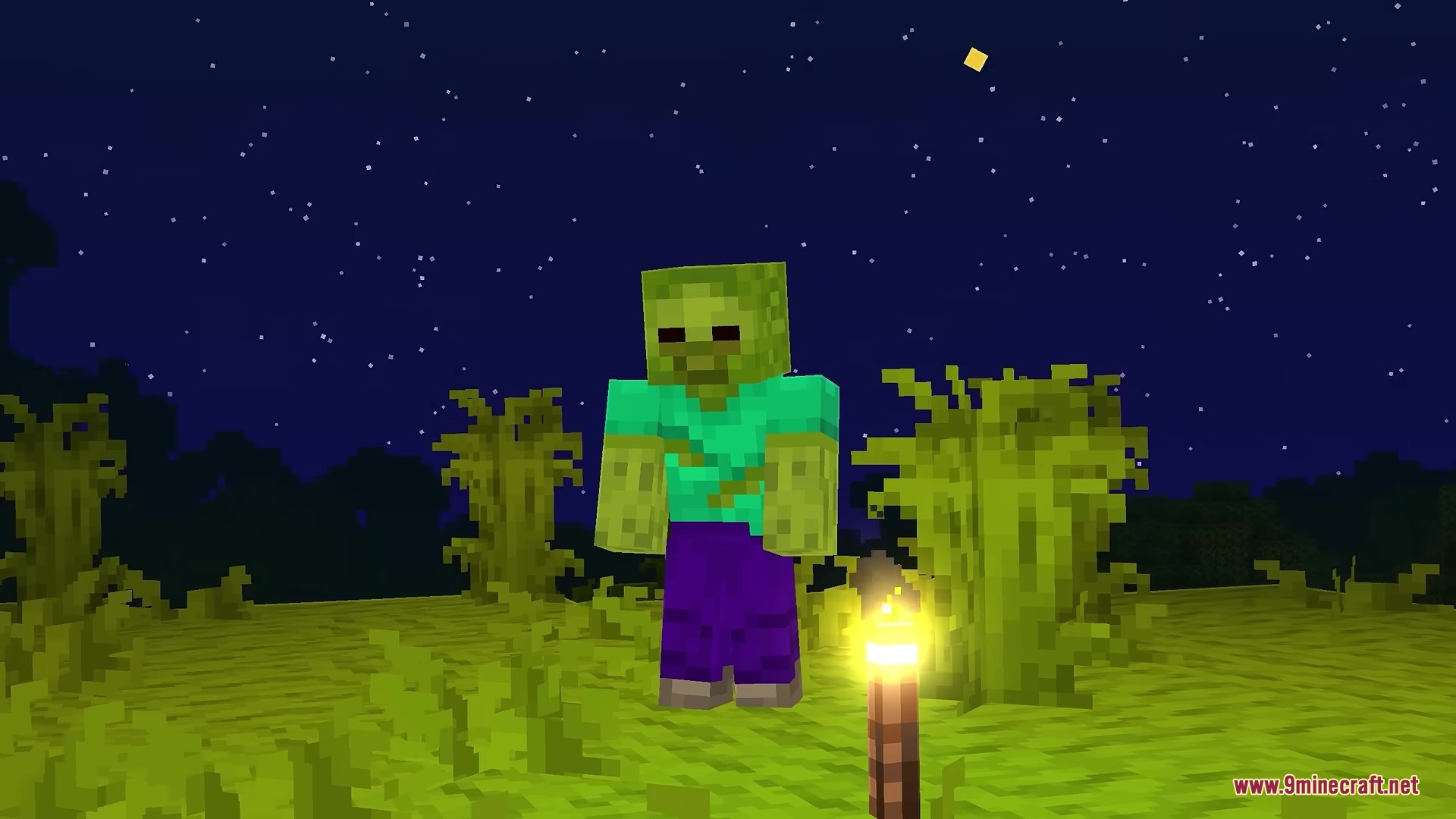 A zombie with torn clothes stands near a lit torch at night