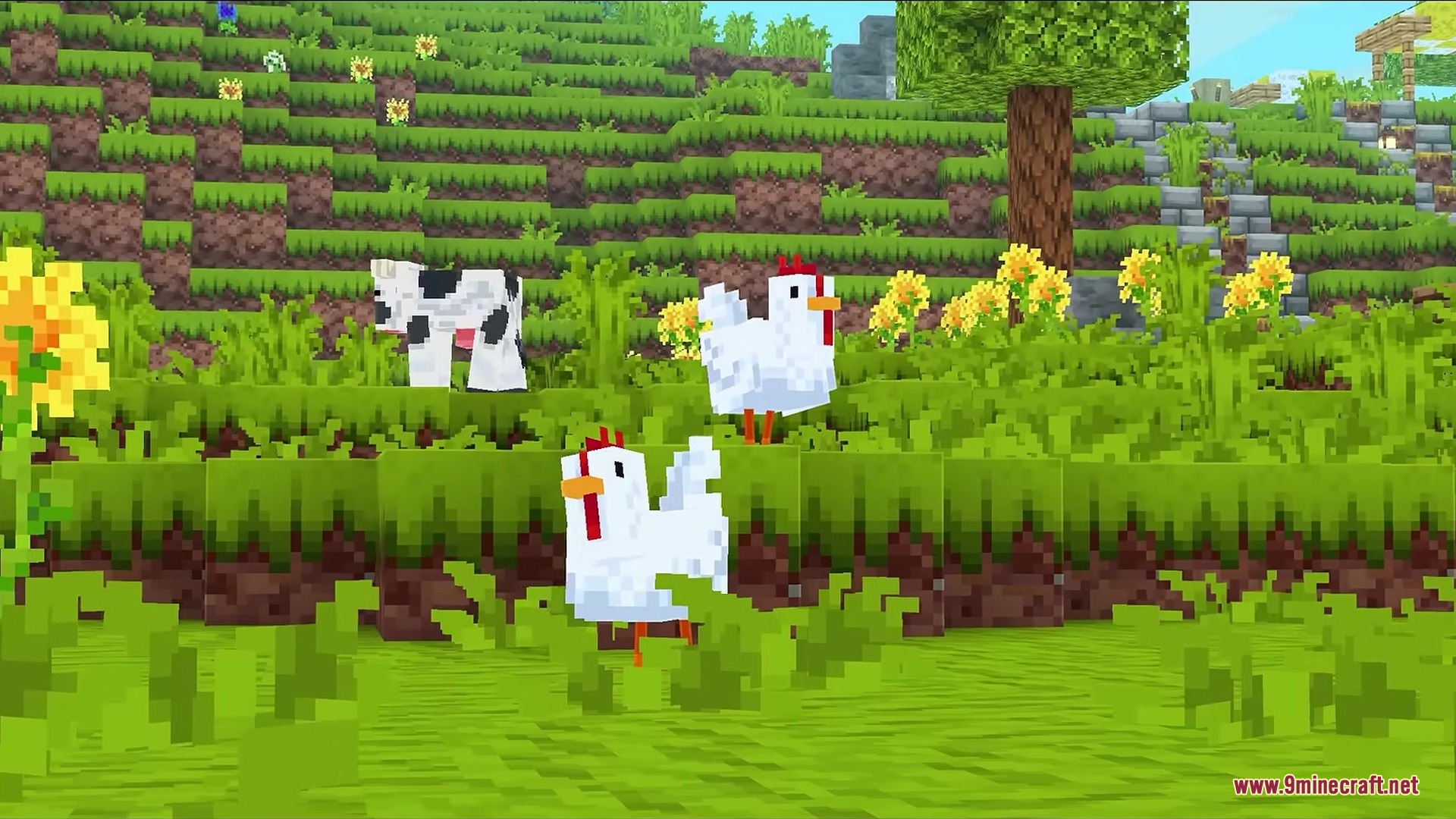 A cow and two chickens in a bright field with yellow flowers