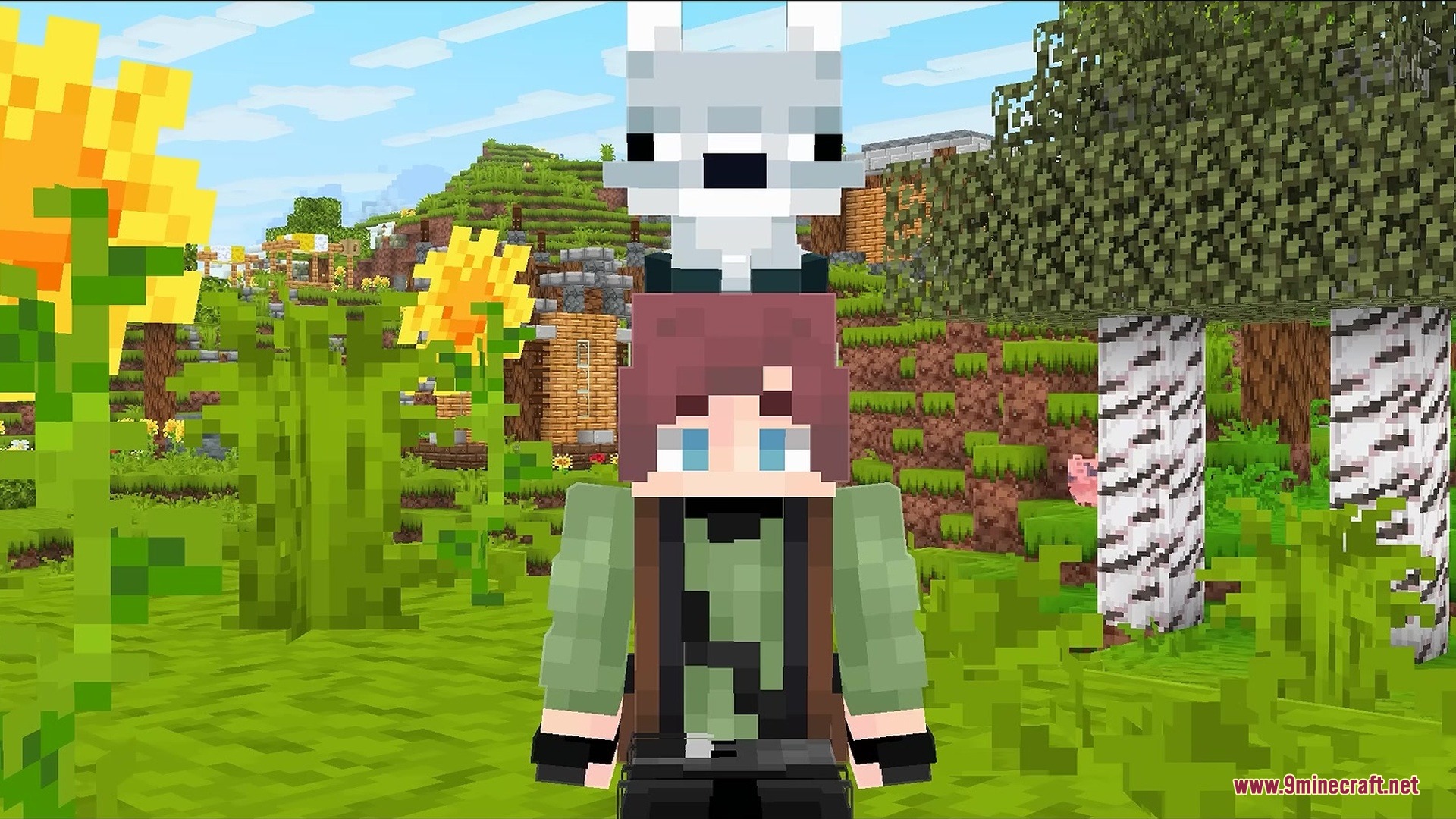 A player character with a small white wolf sitting on their head