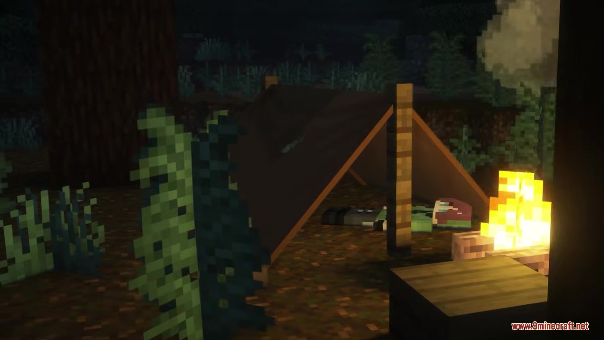 A player character sleeps inside a brown tent next to a bright campfire