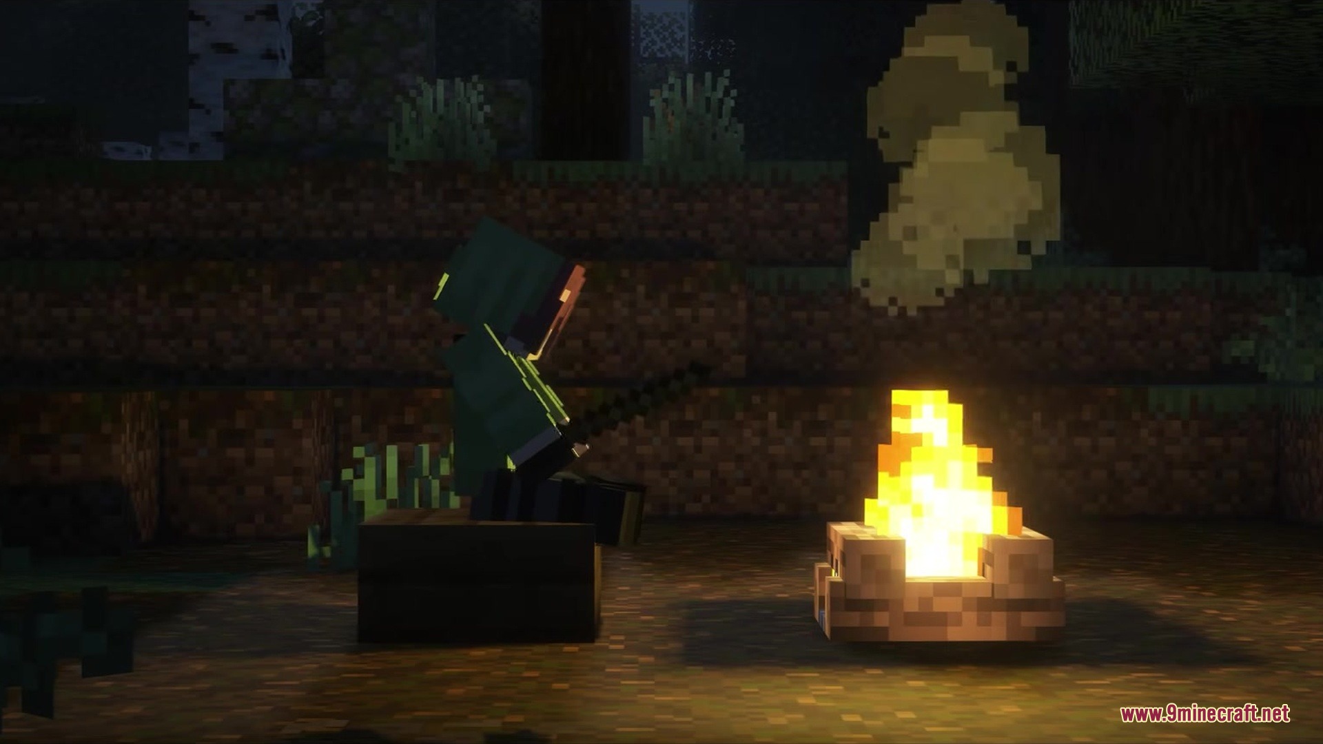 A character sits on a wooden block by a campfire during the night