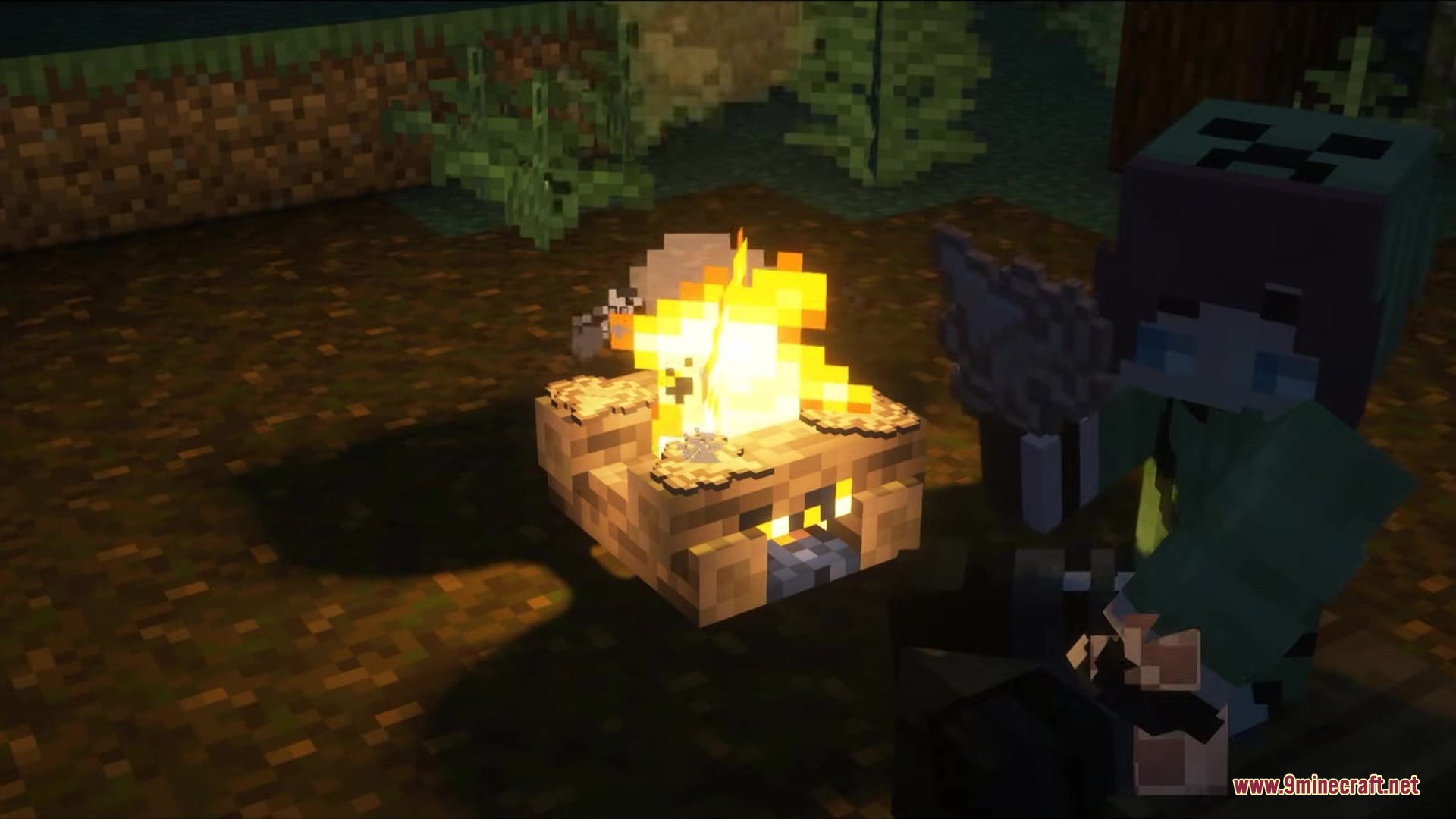 A Minecraft character sitting near a glowing campfire in the dark woods