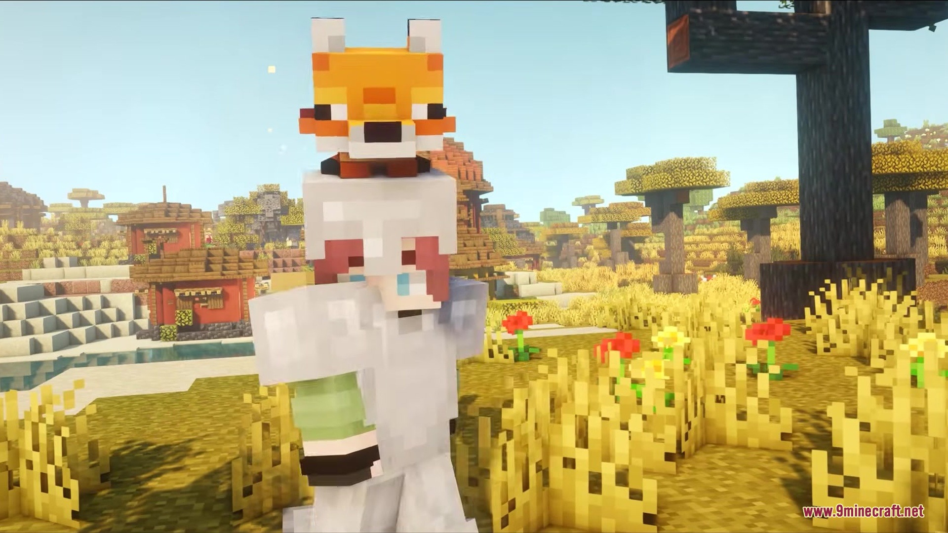 Sulfur Cubes Mod Screenshot 1 A Minecraft player in white armor with a fox sitting on their head