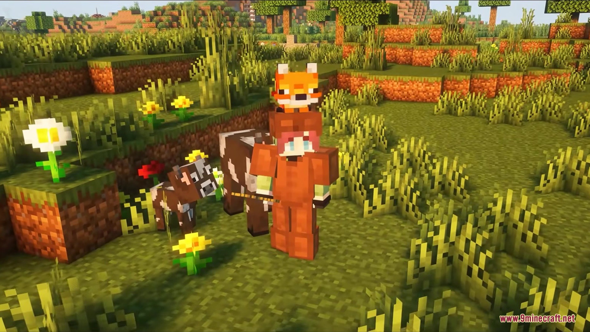 Sulfur Cubes Mod Screenshot 2 A player wearing brown armor with a fox perched on their head near cows