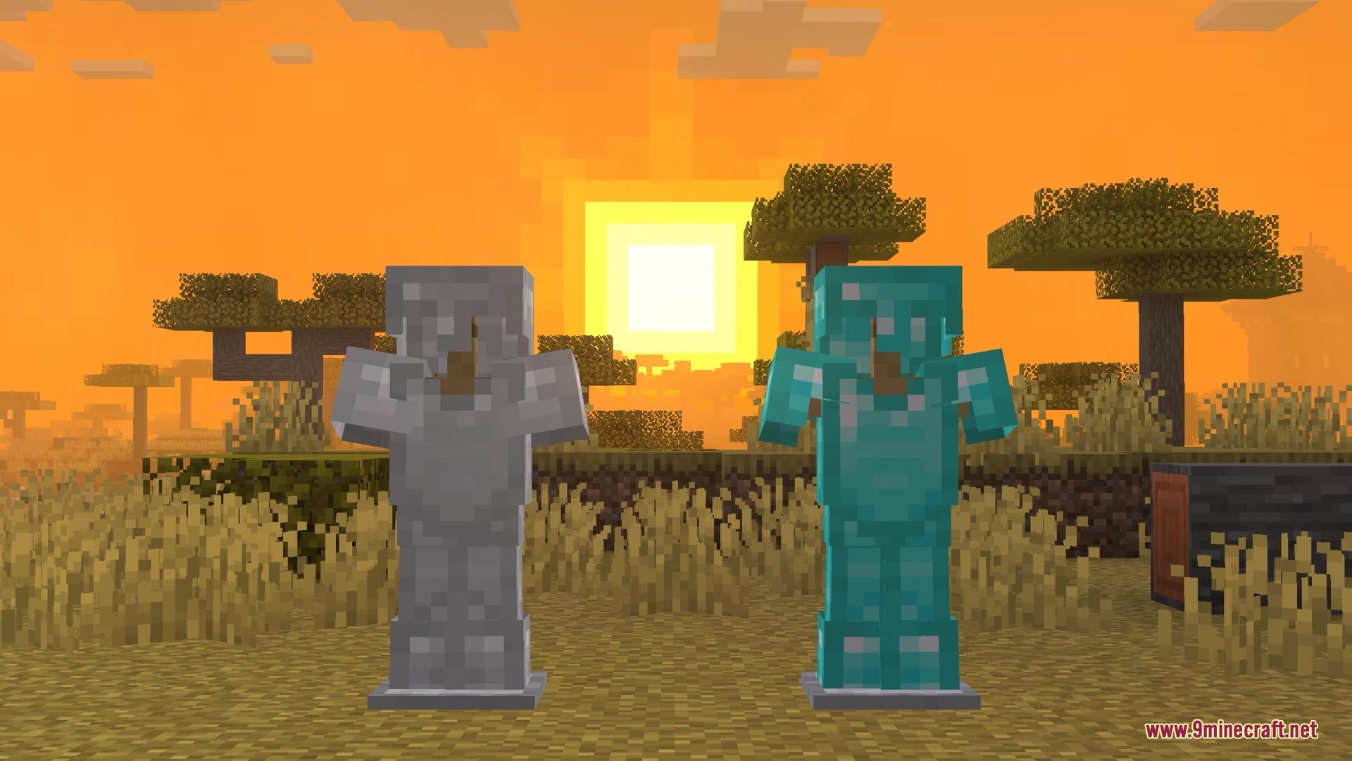 Sulfur Cubes Mod Screenshot 8 Two armor stands displaying iron and diamond gear during a savanna sunset