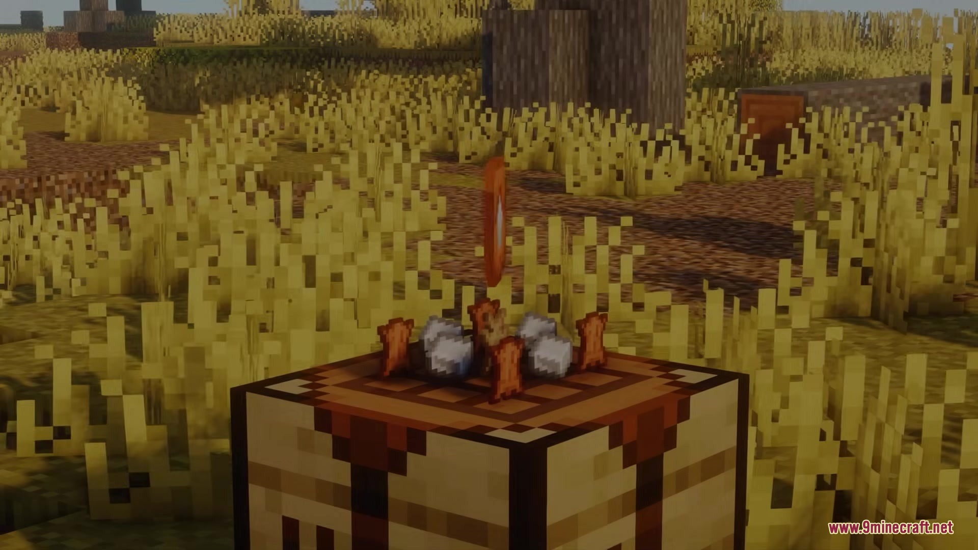 Sulfur Cubes Mod Screenshot 9 A sulfur cube workstation used for crafting in a field of wheat
