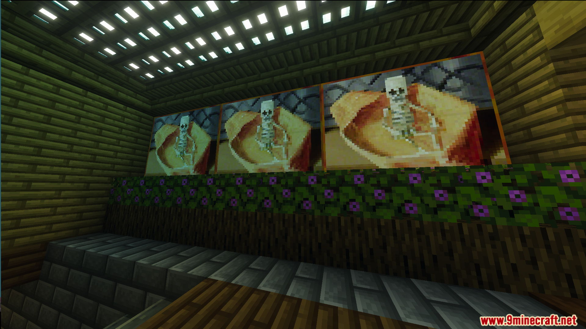 Survival Filo House 2 Map Screenshot 5 Three skeleton paintings displayed on a wooden wall with purple flowering leaf blocks