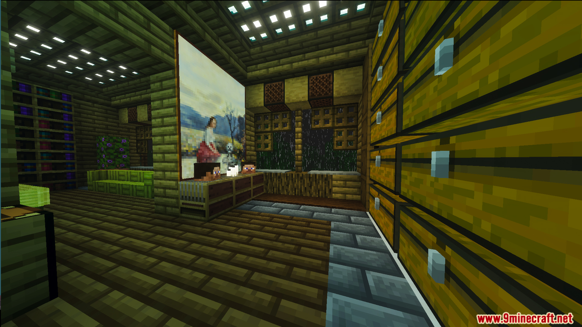 Survival Filo House 2 Map Screenshot 6 A cozy base interior featuring a large painting and rows of storage chests