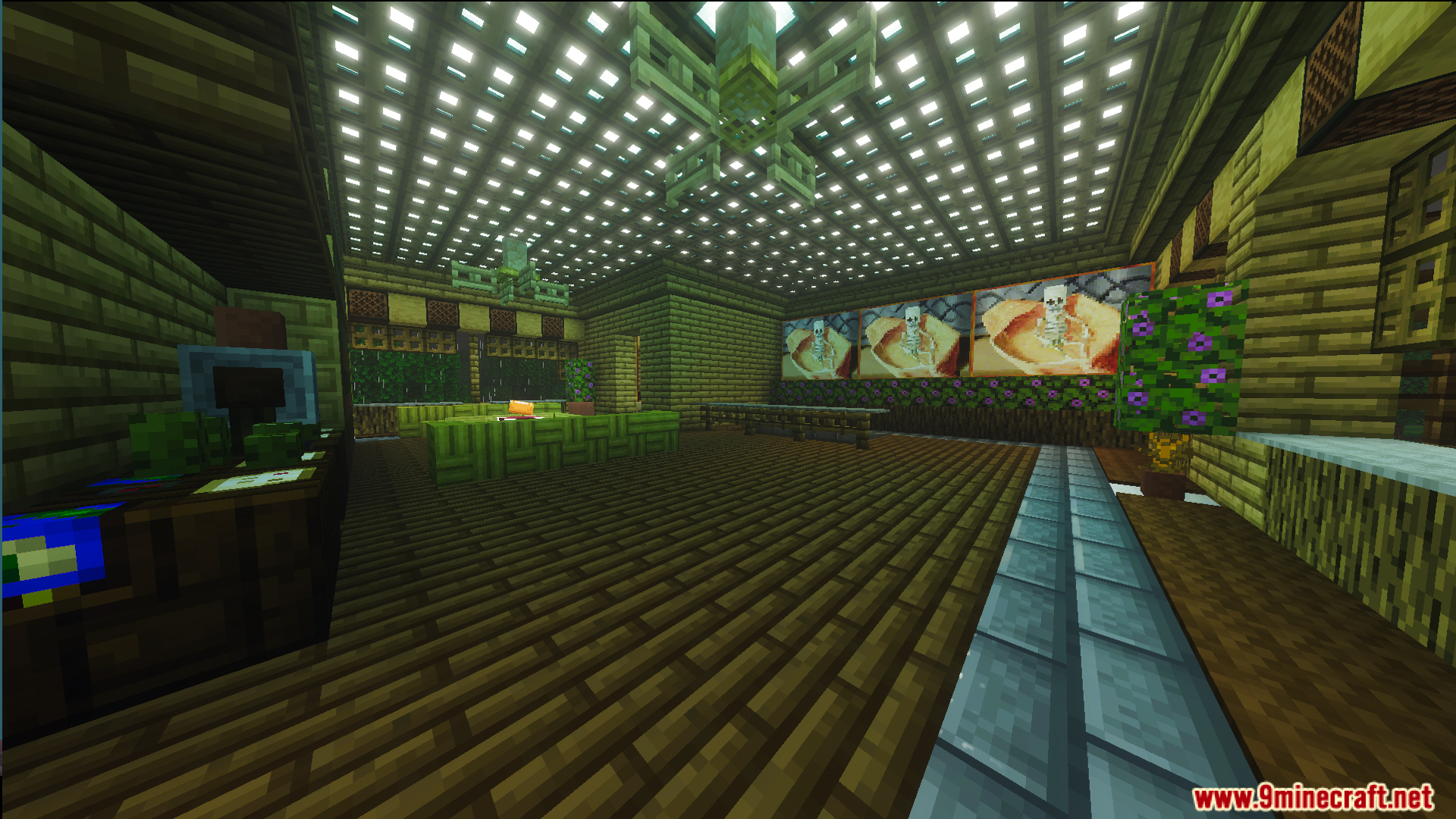 Survival Filo House 2 Map Screenshot 7 Spacious interior room with wooden floors and skeleton paintings on the wall