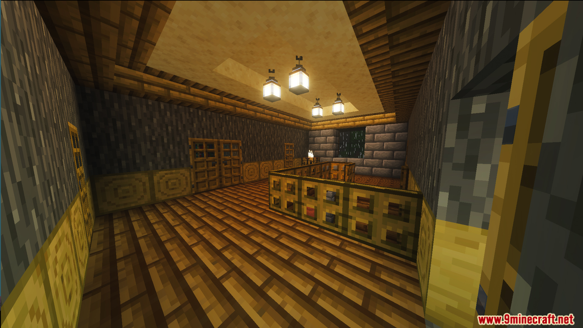 Spacious wooden interior hallway with hanging lanterns and a railing in survival home