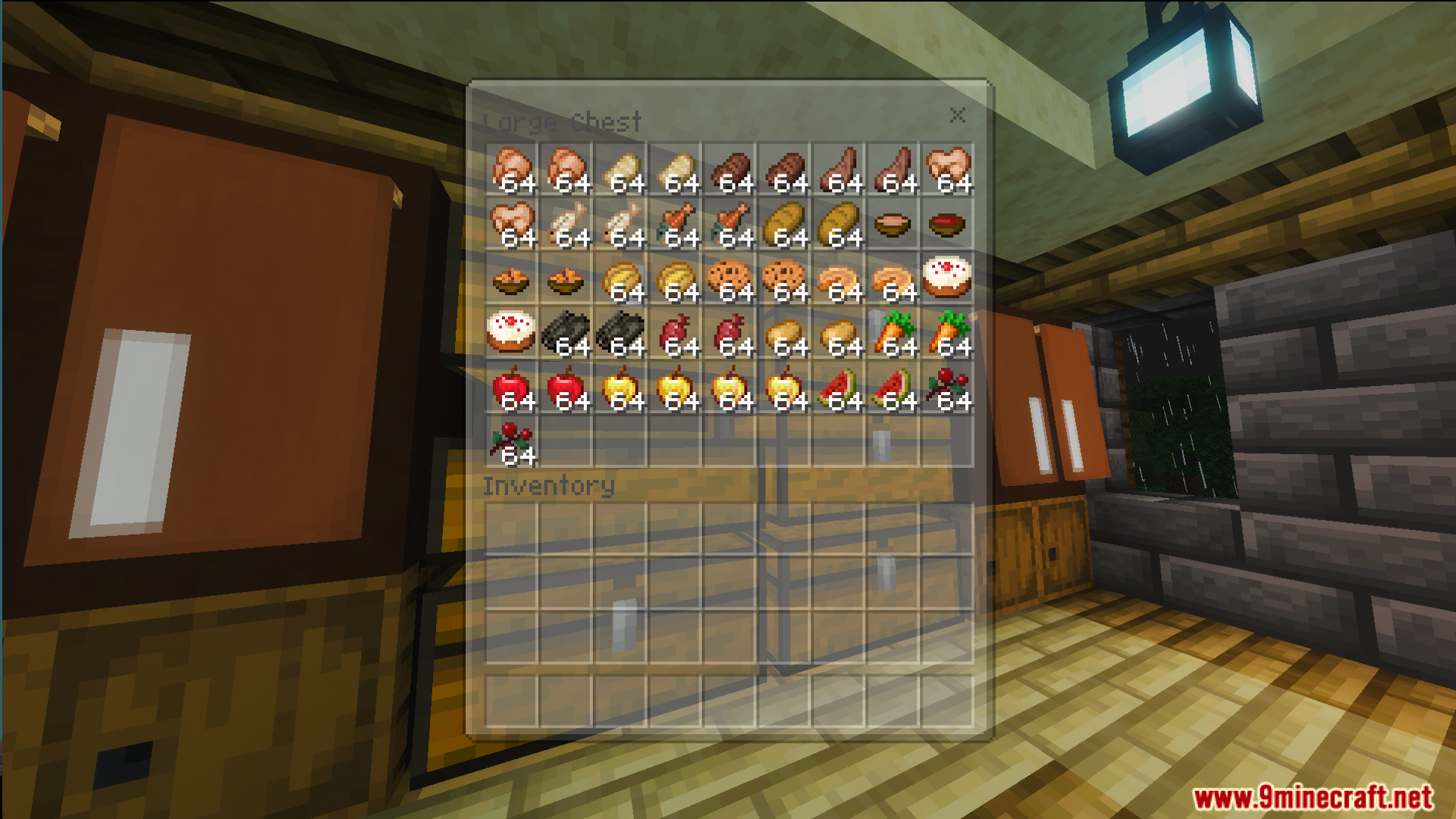 A large chest filled with stacks of food items inside a wooden house