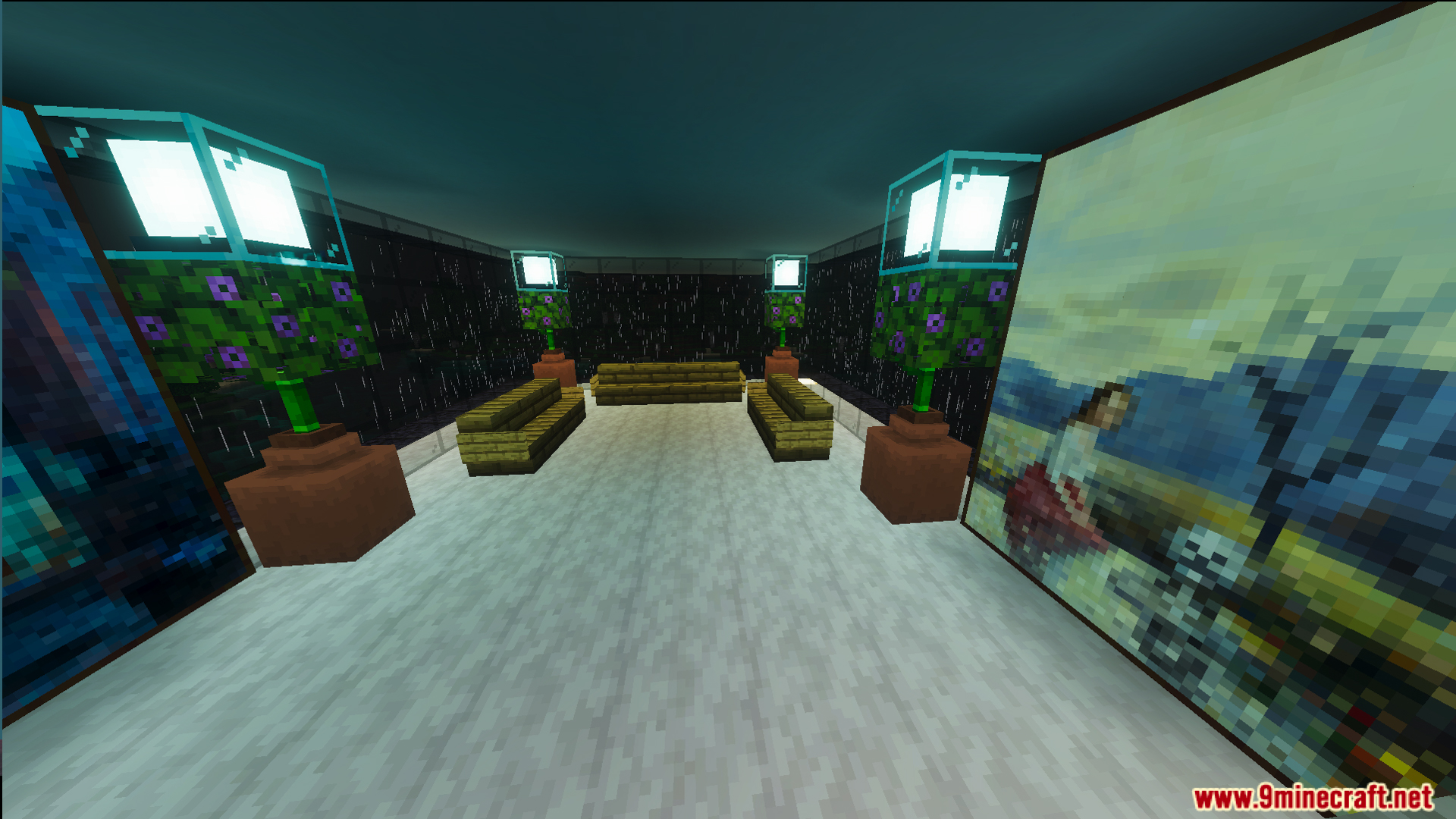 Cozy lounge area featuring wooden benches paintings and glowing decorative plant lamps