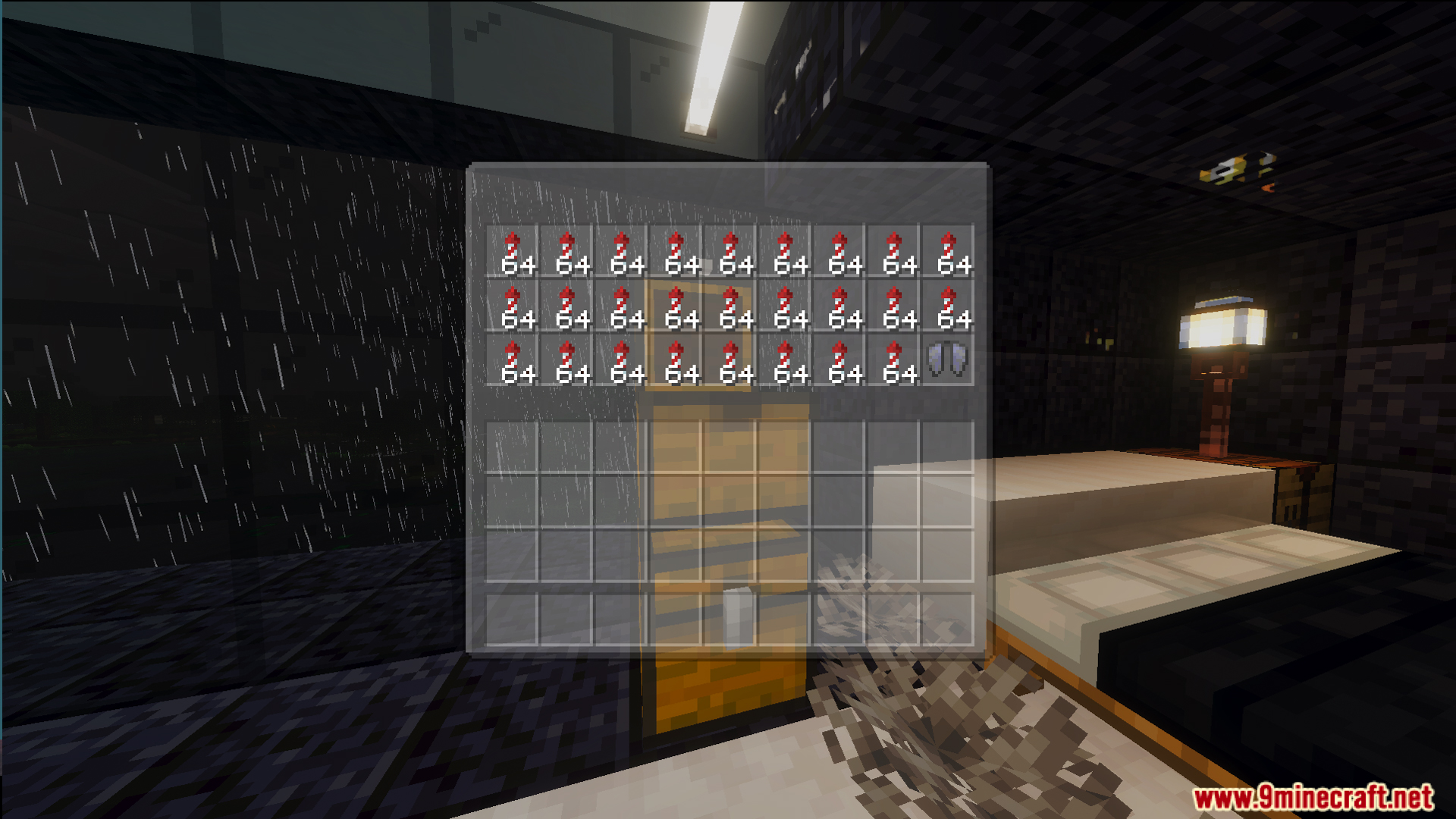 A chest inventory full of redstone torches and shears inside a modern house