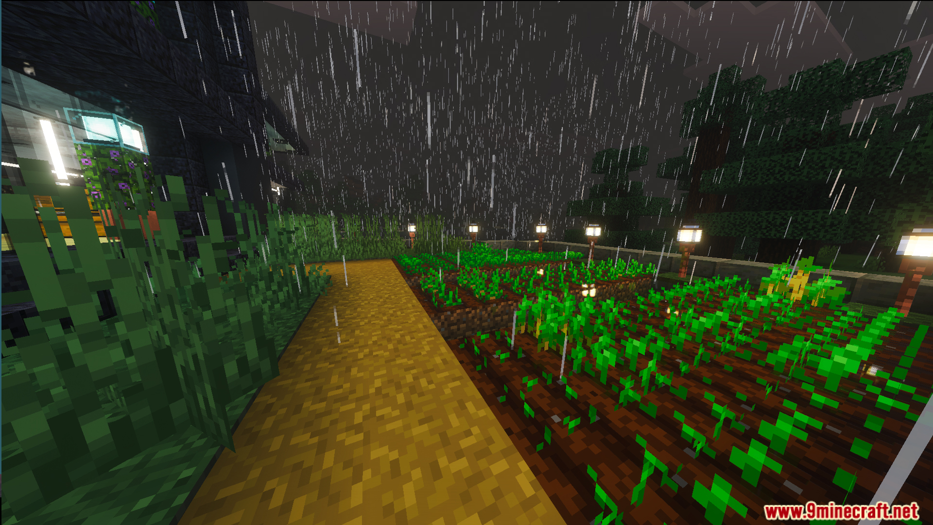 A vegetable farm with glowing lanterns outside the modern house in the rain