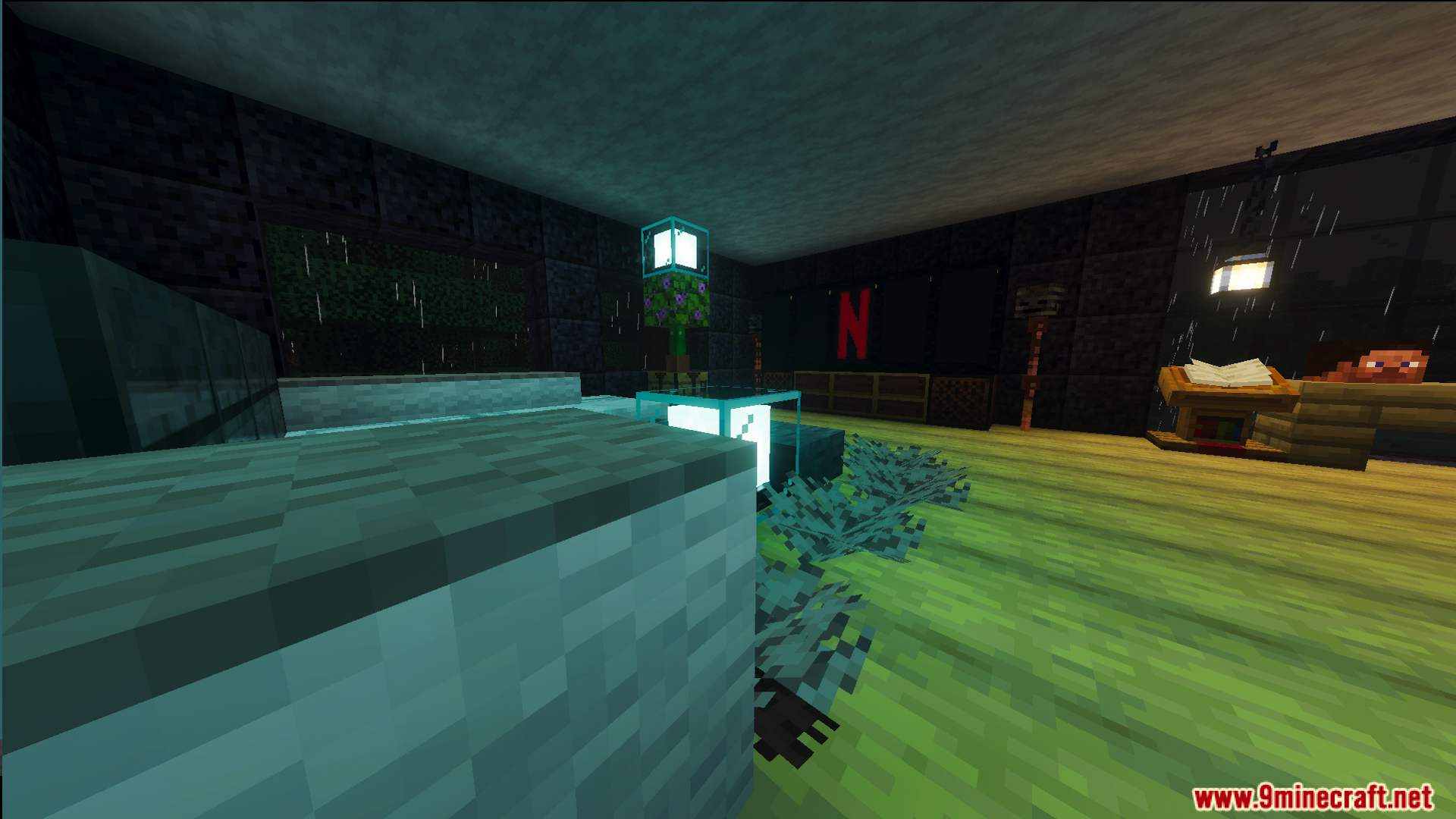Modern living room with a television screen in Survival Lakeside House 40 Map
