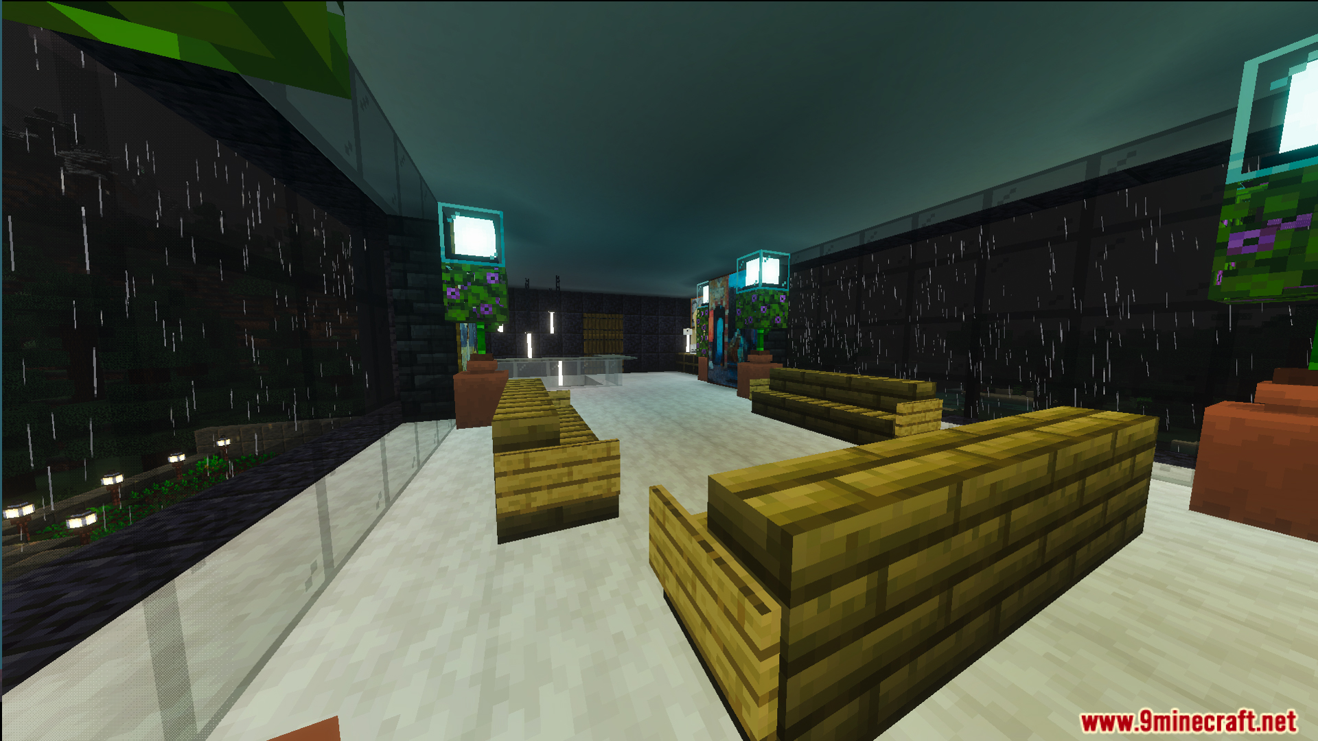 Survival Lakeside House interior with wooden seating and large windows showing rain