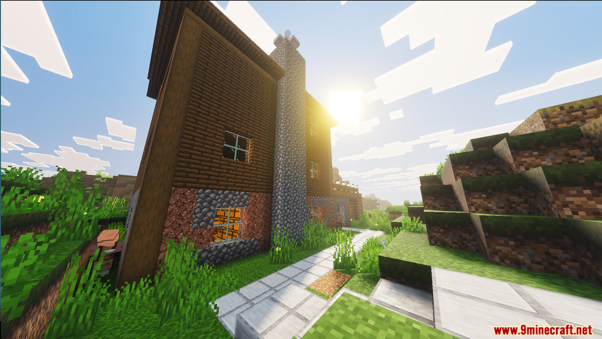Survival Log Cabin House 86 Map Screenshot 1 Survival Log Cabin House features a tall stone chimney and white path