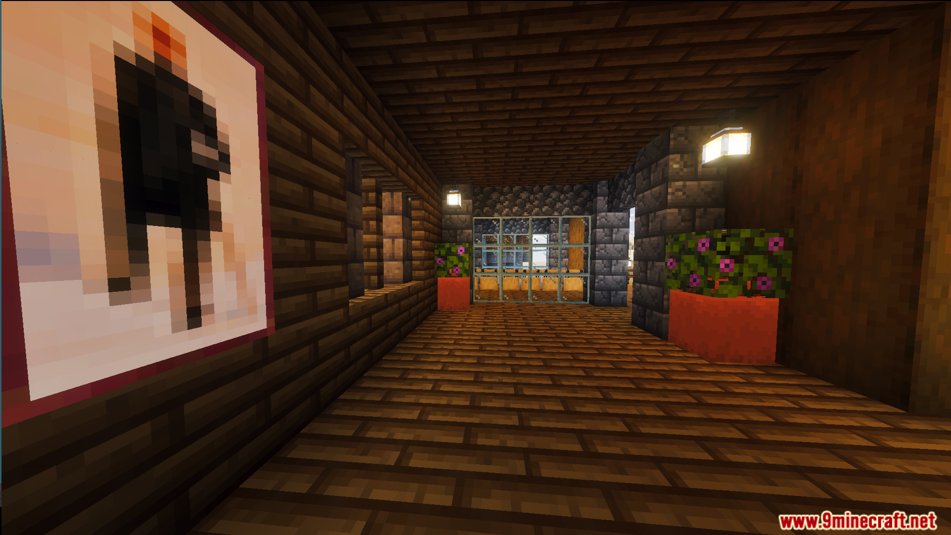 Survival Log Cabin House 86 Map Screenshot 7 Cozy interior hallway of a wooden house with a painting and potted plants