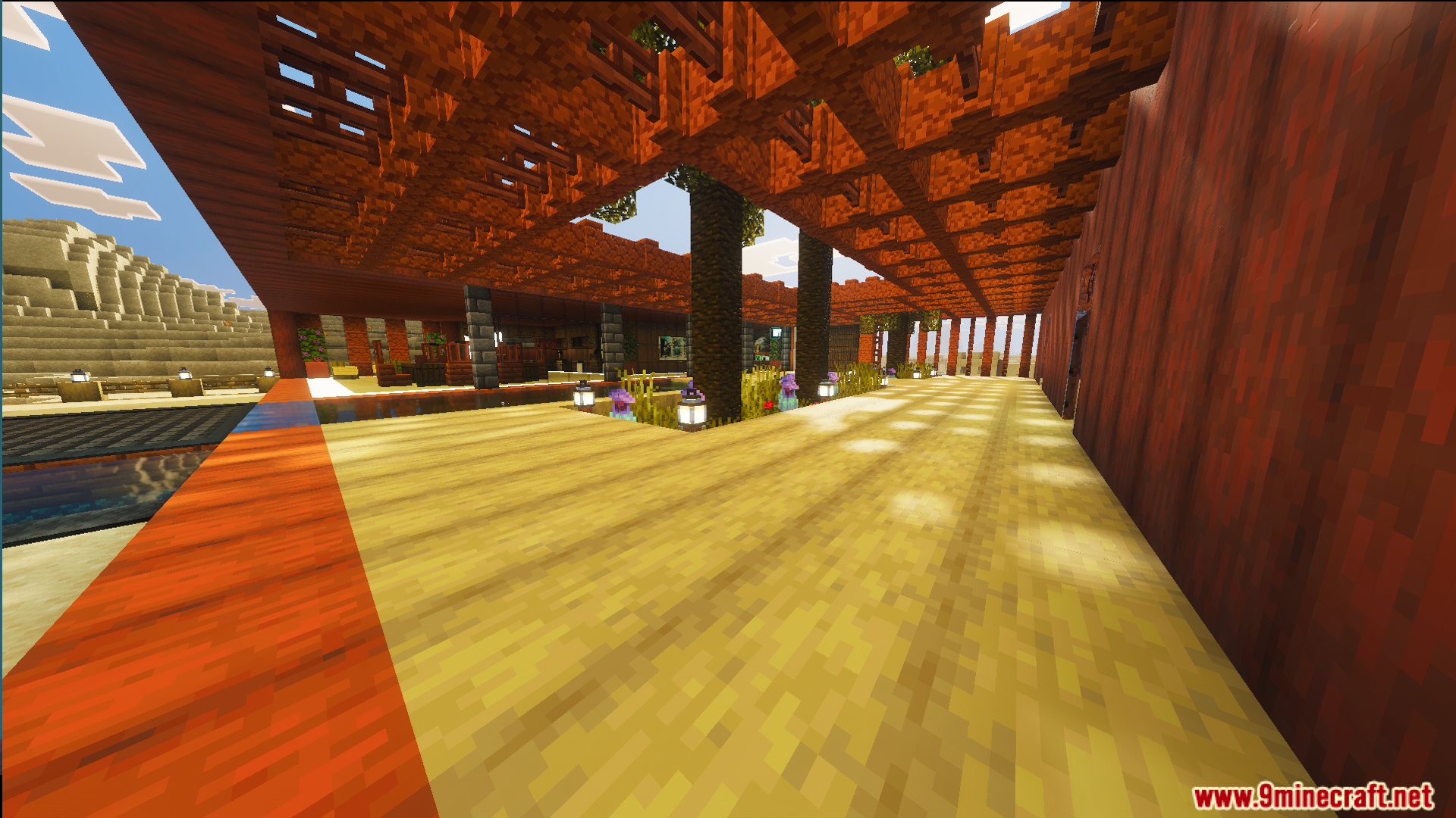 Survival Modern Flat House 39 Map Screenshot 10 Spacious wooden interior of a modern desert house with lanterns and trees