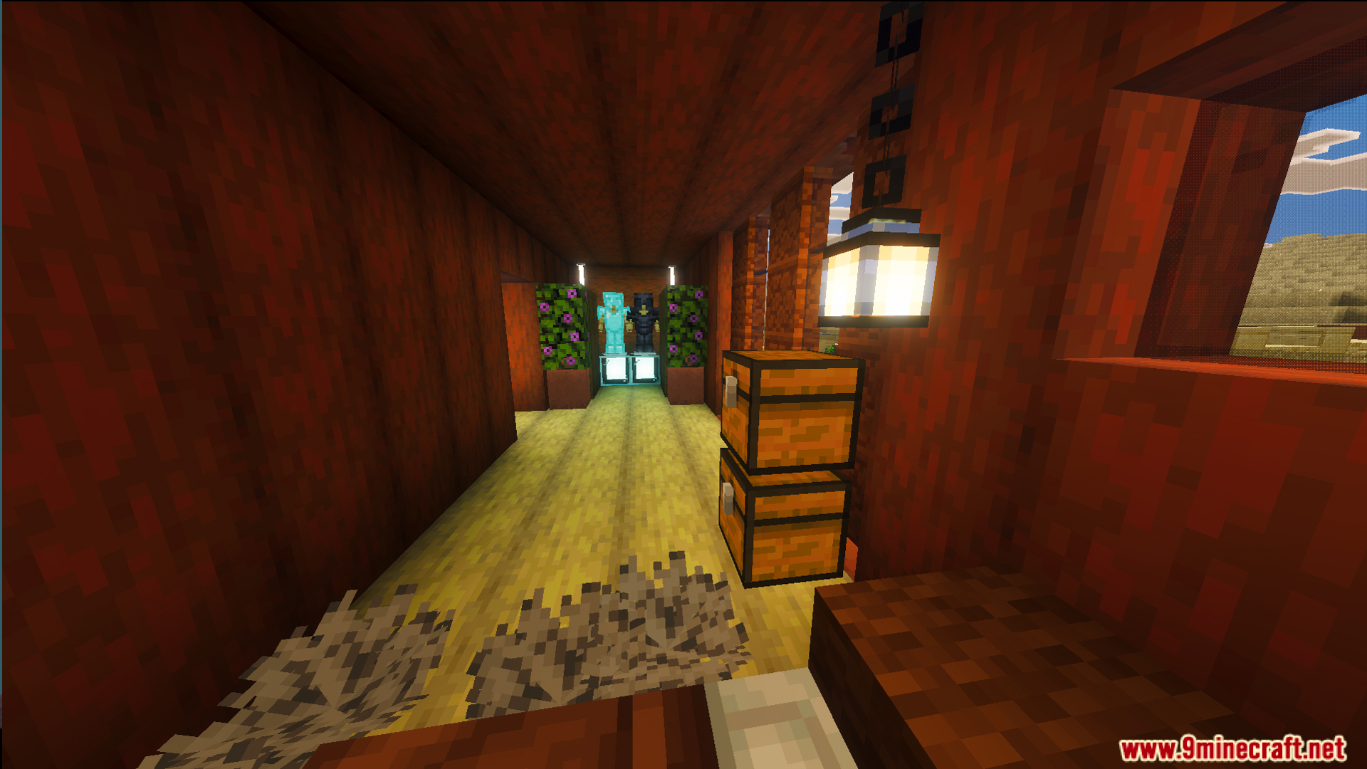 Survival Modern Flat House 39 Map Screenshot 2 Interior view of a wooden hallway with armor stands and stacked storage chests