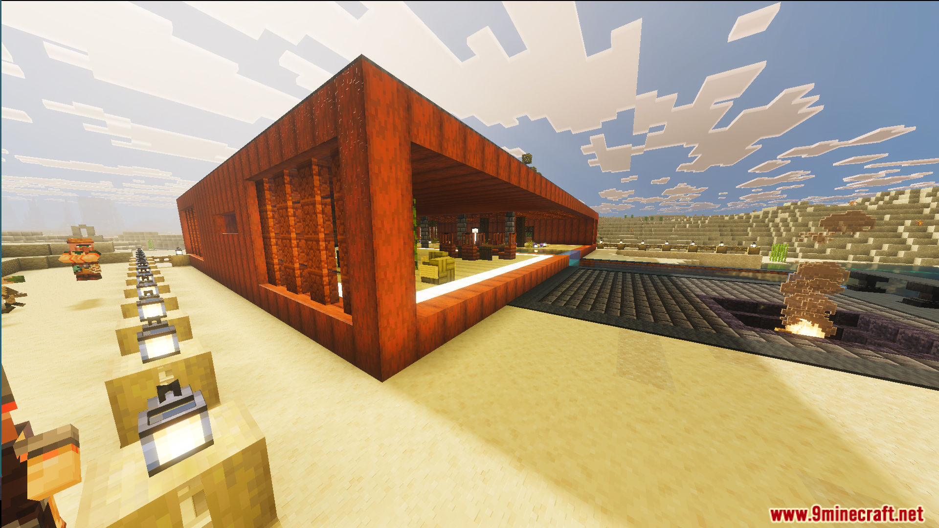 Survival Modern Flat House 39 Map Screenshot 3 Modern orange house with an outdoor swimming pool in a desert biome