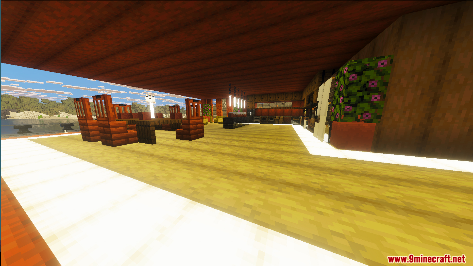 Survival Modern Flat House 39 Map Screenshot 8 Spacious interior area with wooden dining furniture and large windows overlooking the landscape