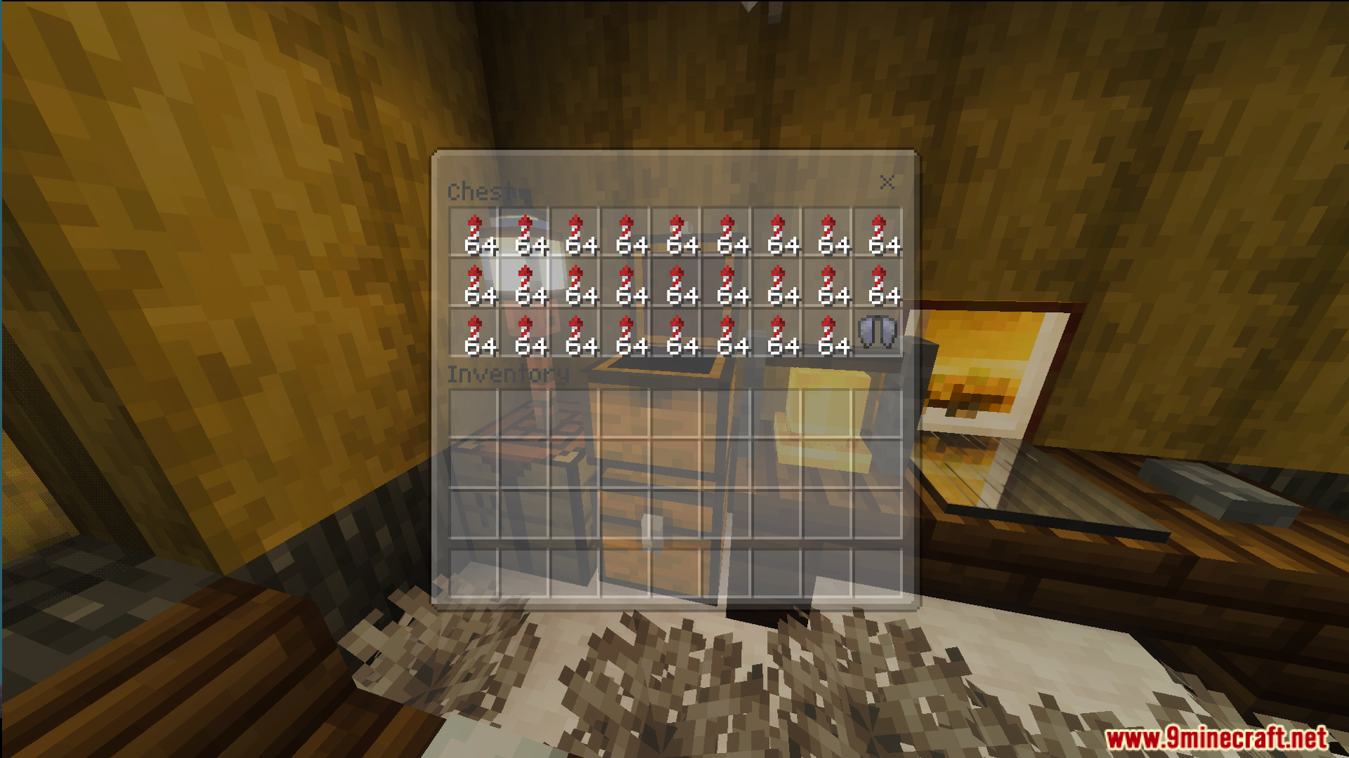 A chest interface filled with stacks of red candles and other survival items