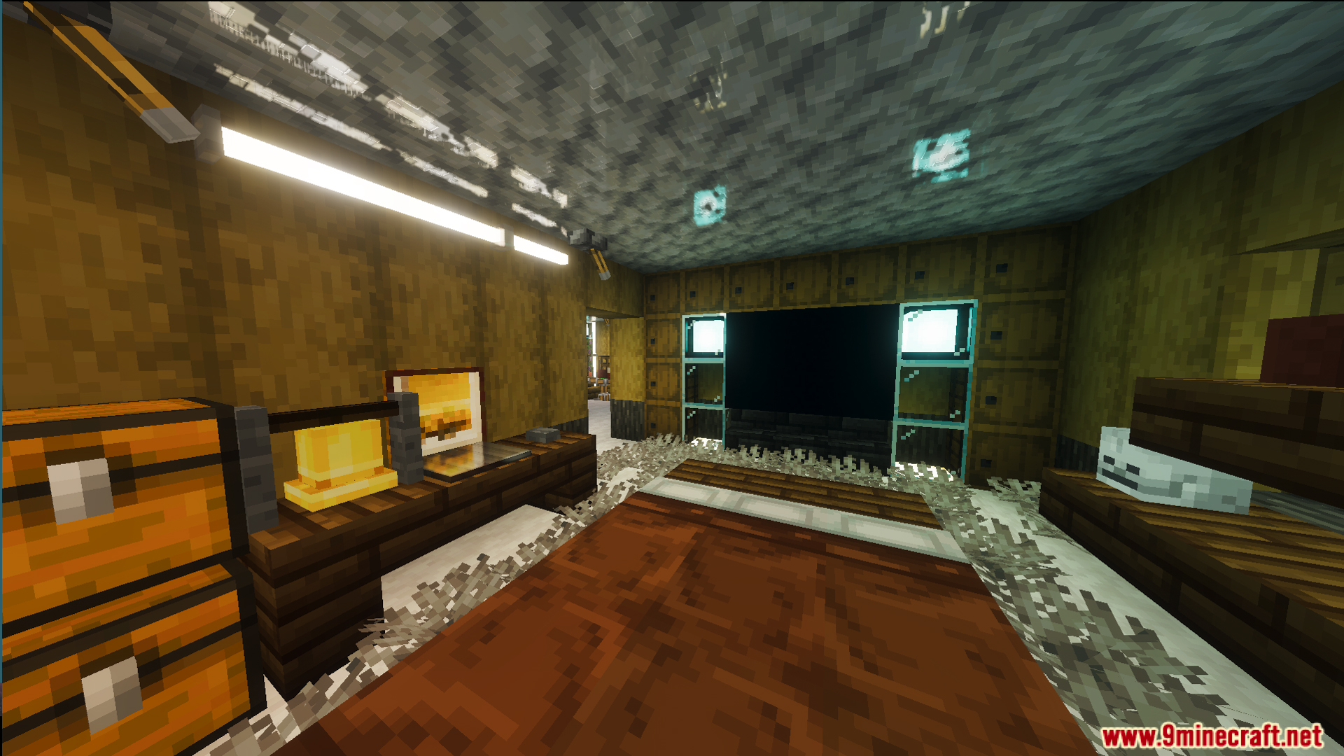 A fully furnished modern bedroom interior with a bed and storage chests