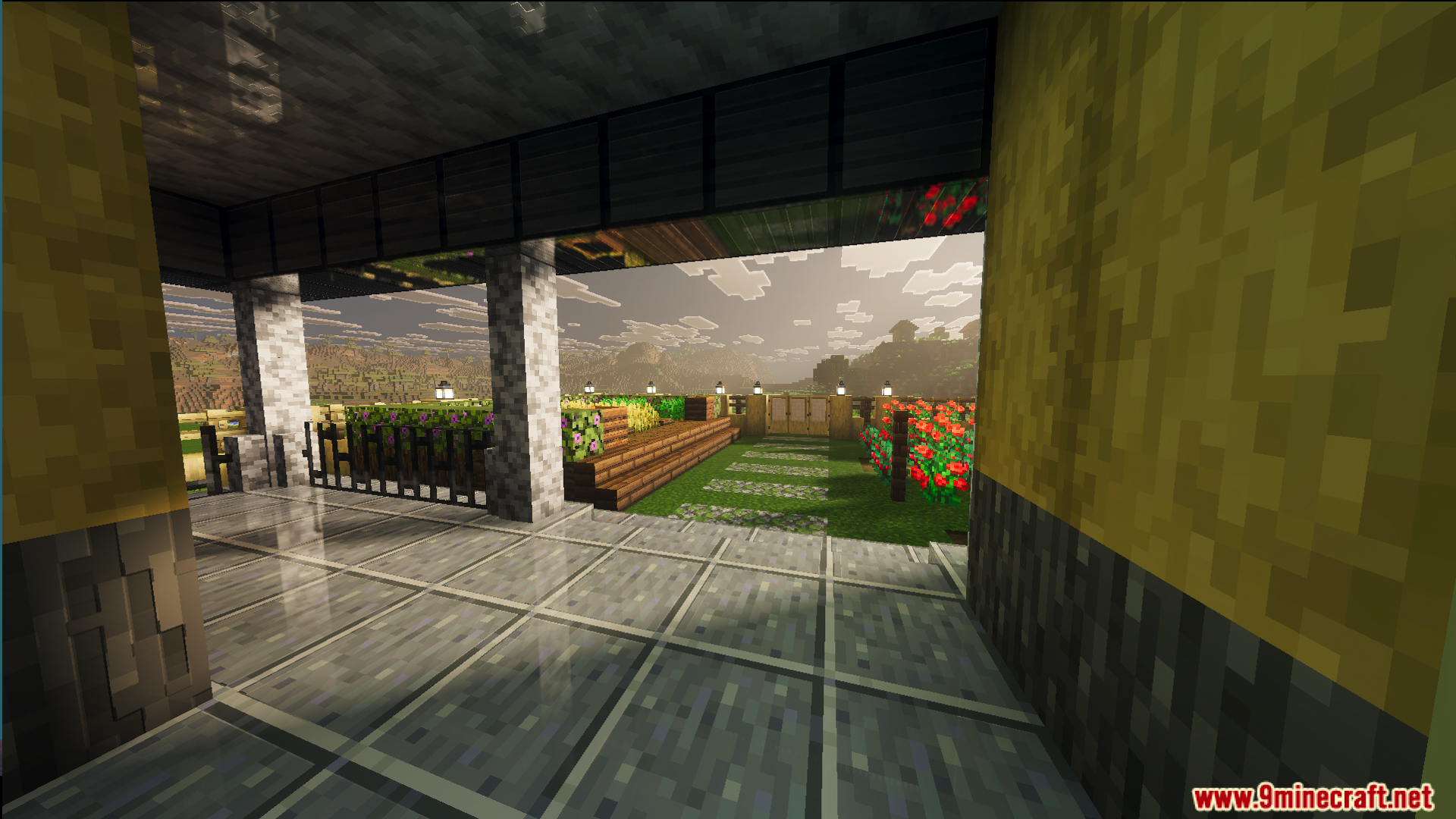 Survival Modern House 19 Map features a porch overlooking a lush garden area