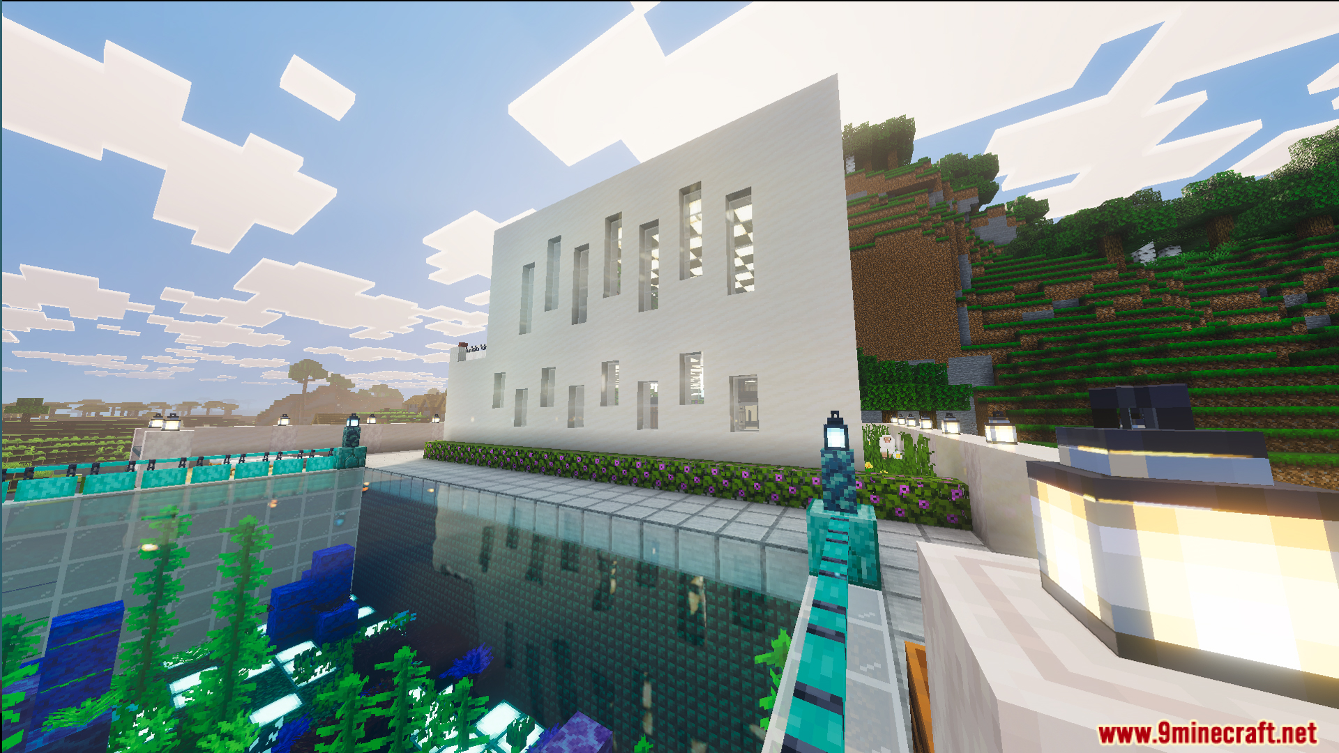 Survival Modern House 23 Map Screenshot 2 Large swimming pool next to a modern white house exterior build