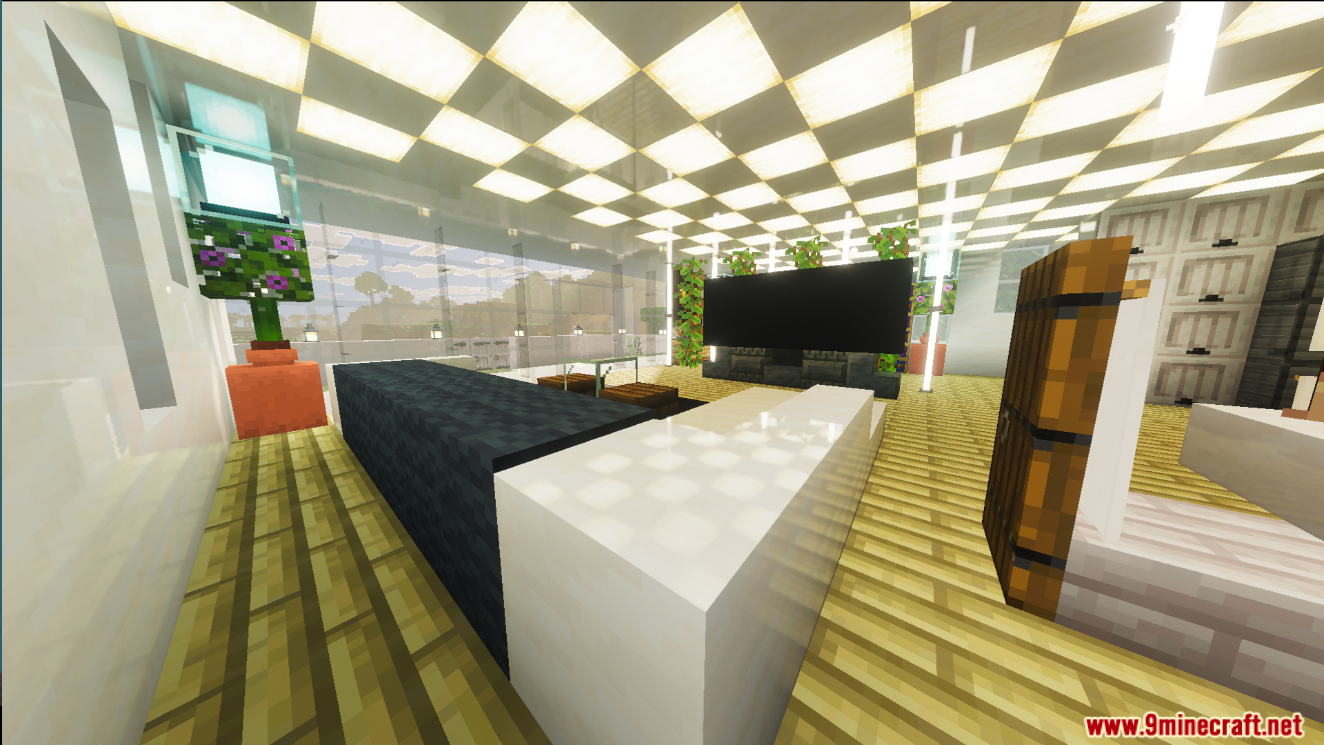 Survival Modern House 23 Map Screenshot 5 Modern living room with a large television and bright checkered pattern ceiling