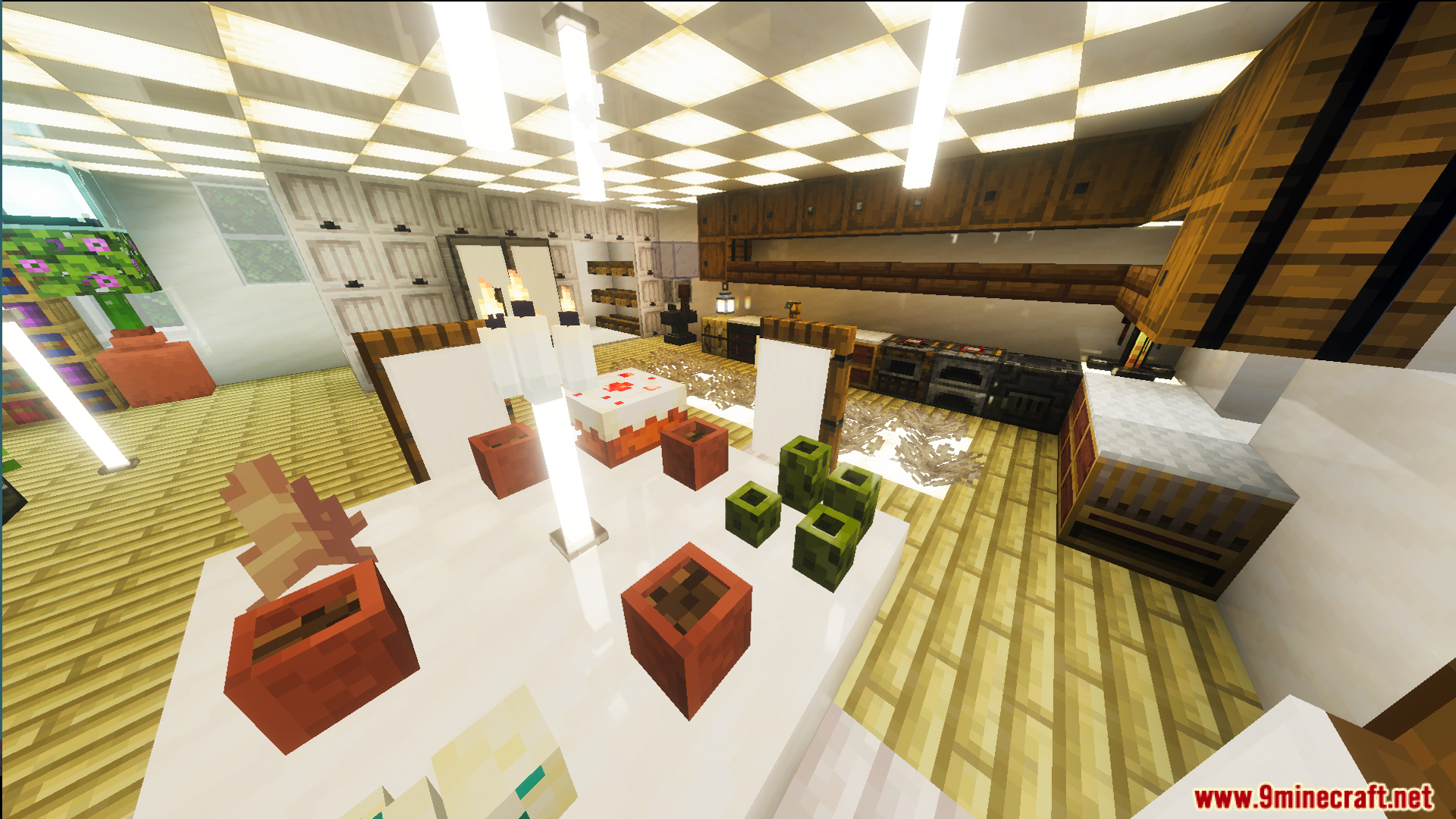 Survival Modern House 23 Map Screenshot 6 Detailed kitchen and dining area with a cake and glowing ceiling lights