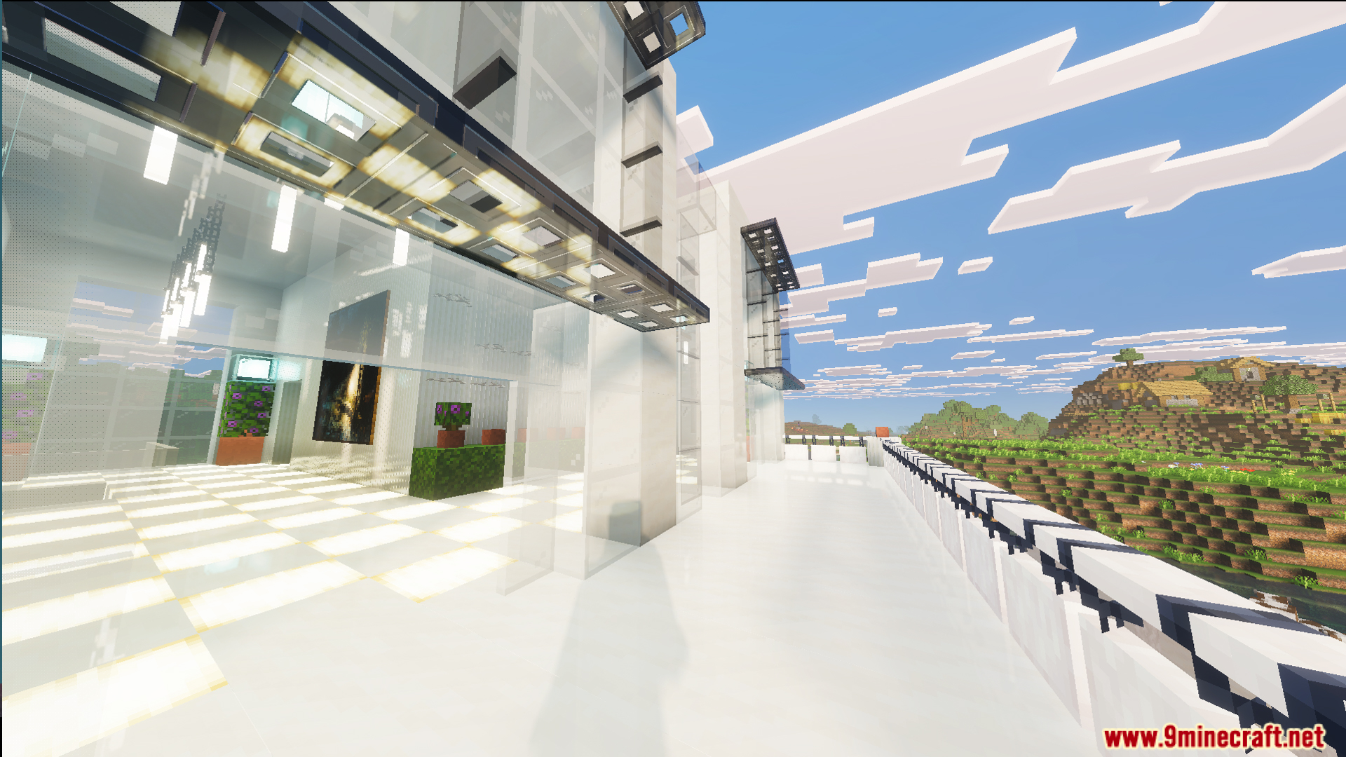 Survival Modern House 23 Map Screenshot 7 Survival Modern House Map balcony with glowing floor tiles overlooking a plains village