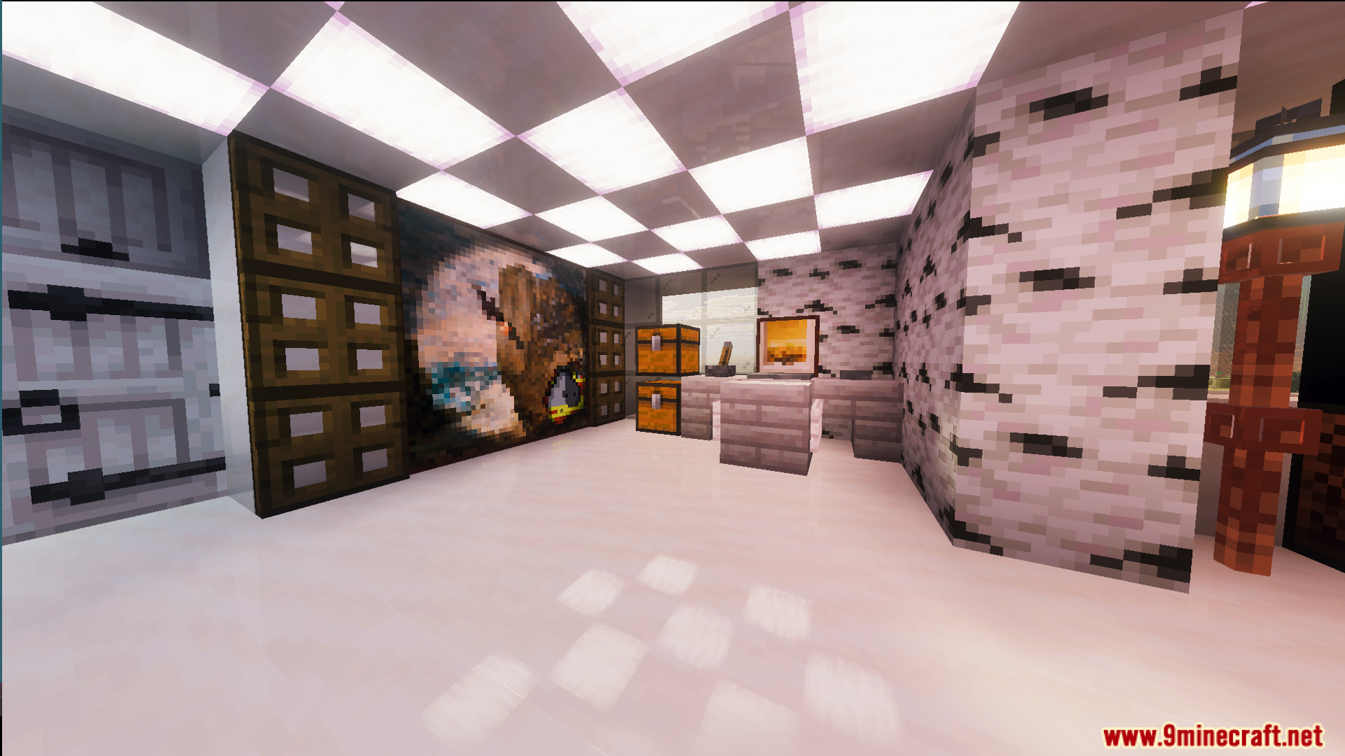 Survival Modern House 36 Map Screenshot 1 Modern interior room with a glowing checkered ceiling and birch wood walls