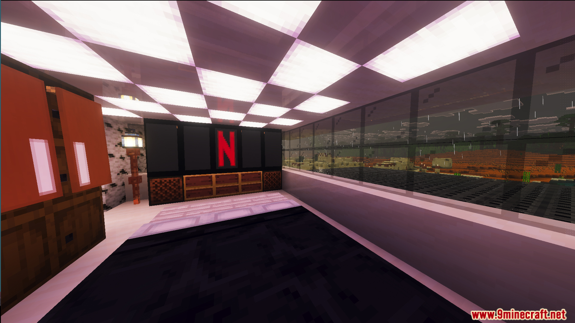 Survival Modern House 36 Map Screenshot 10 Modern bedroom with a large black television overlooking a rainy desert biome