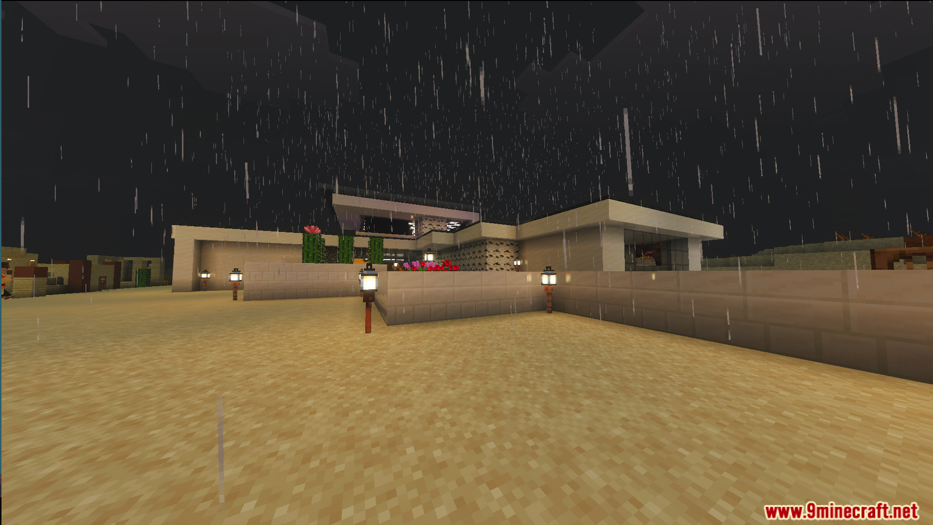 Survival Modern House 36 Map Screenshot 2 Exterior view of Survival Modern House 36 Map in a rainy desert biome