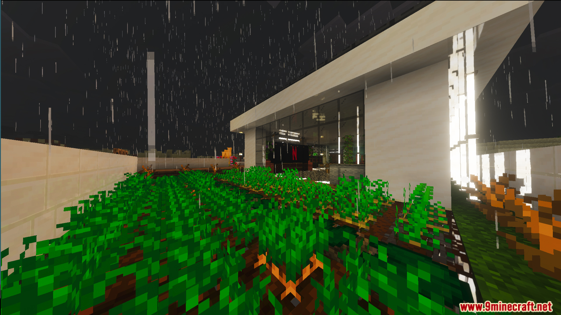 Survival Modern House 36 Map Screenshot 4 Lush garden with crops grows outside a building with large glass windows