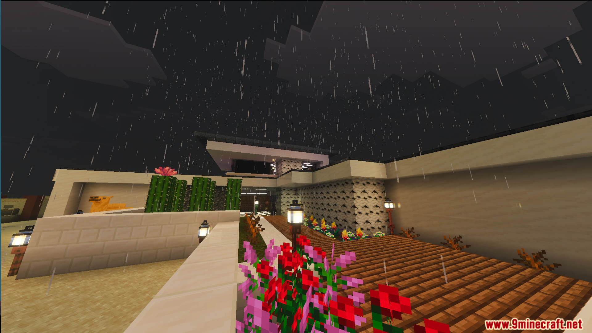 Survival Modern House 36 Map Screenshot 5 Survival Modern House 36 Map exterior with a cactus garden during the rain