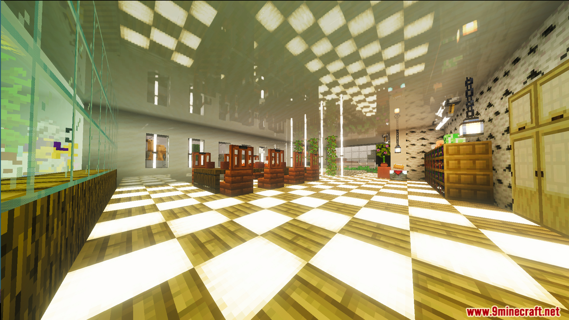 Survival Modern House 36 Map Screenshot 6 Modern kitchen interior with a glowing checkered floor and wooden dining furniture